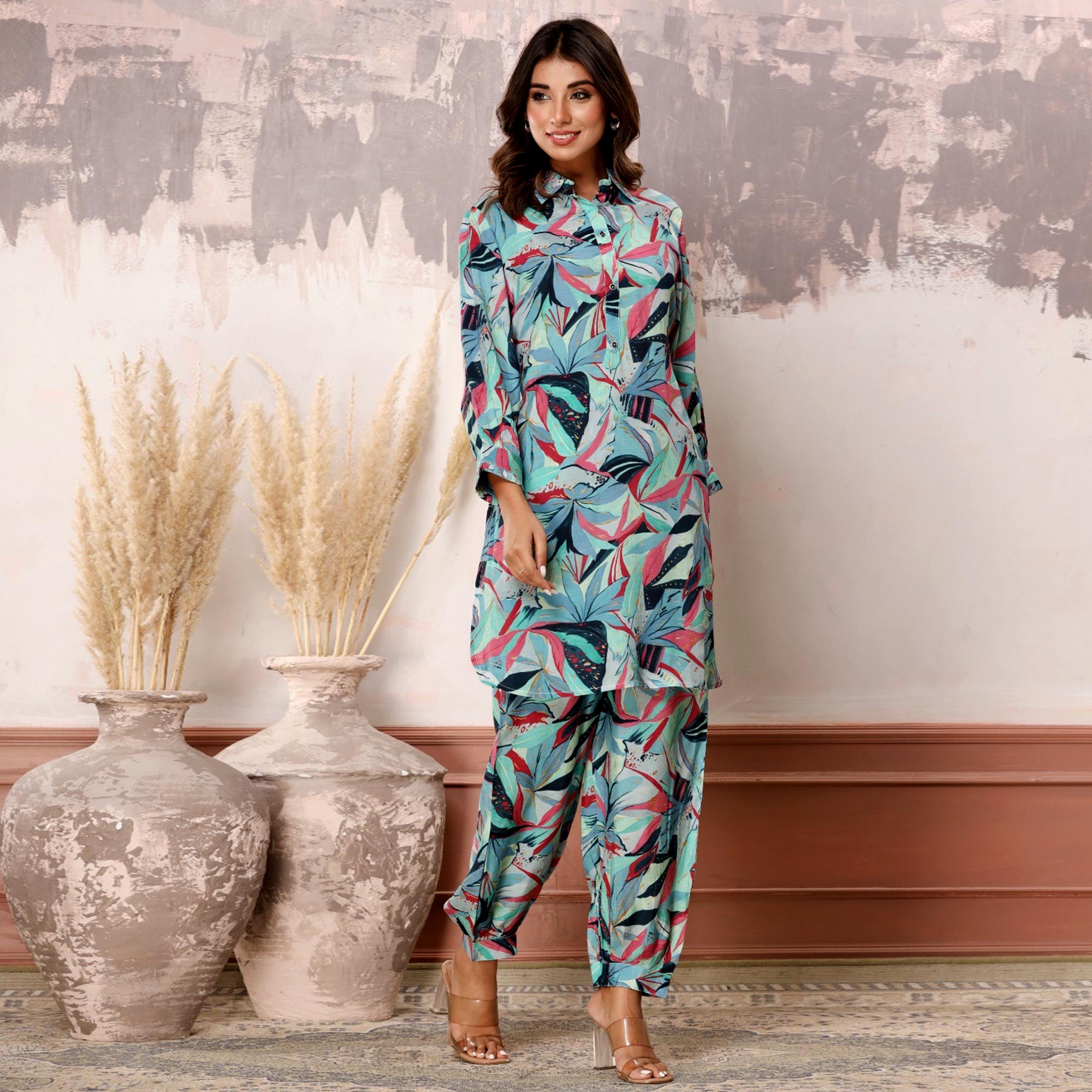 Multicolor Floral Printed Muslin Co Ord Set