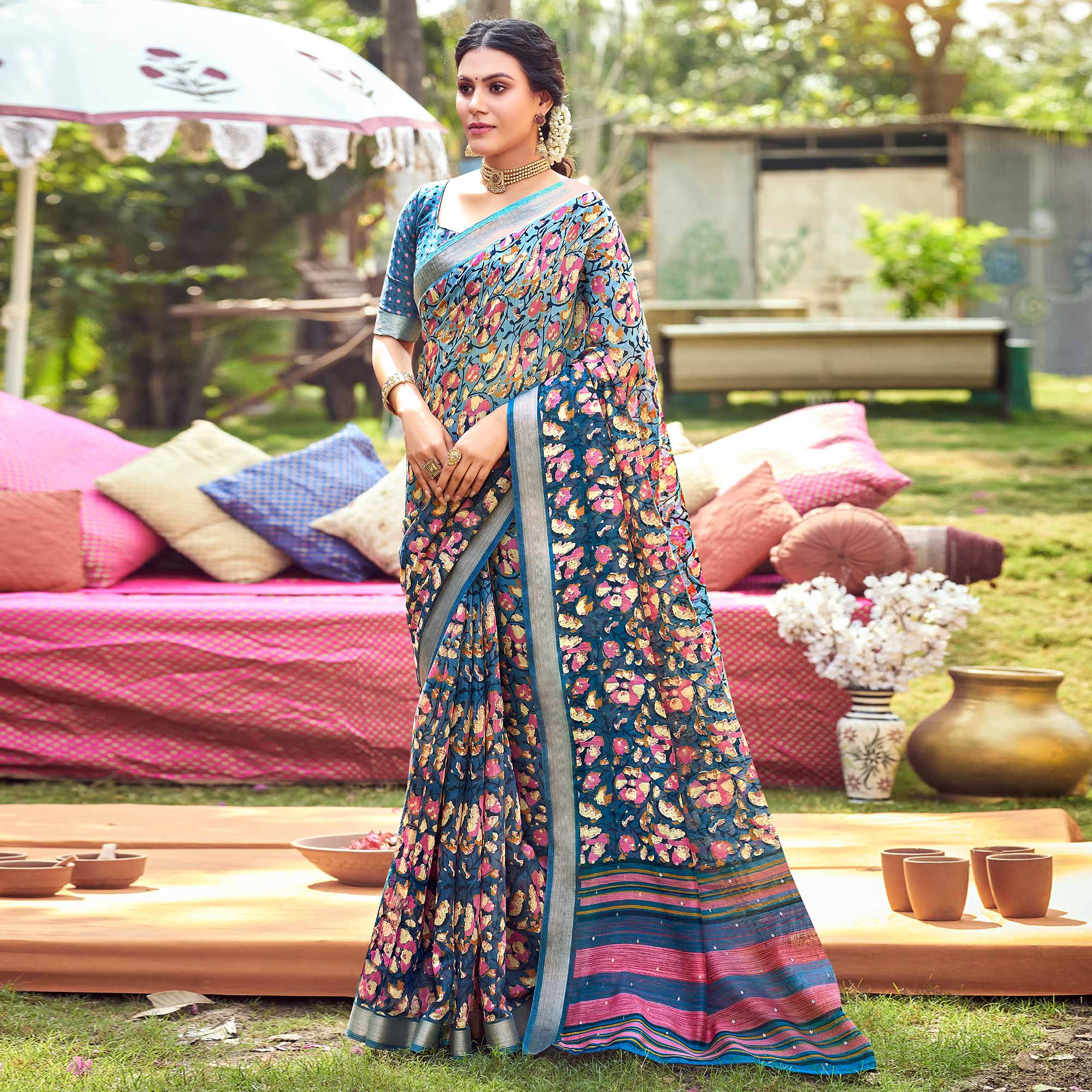 Blue Floral Printed With Woven Border Linen Saree
