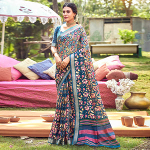 Blue Floral Printed With Woven Border Linen Saree