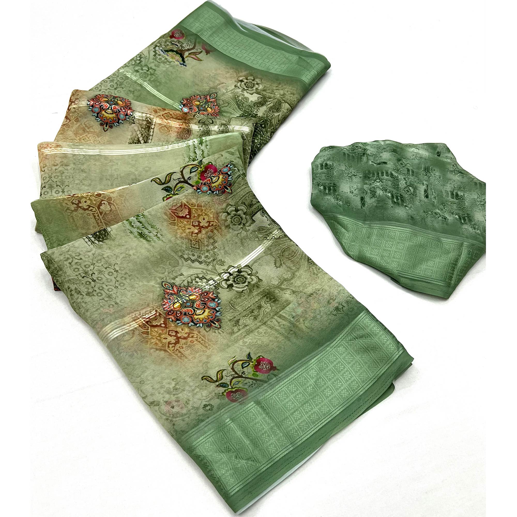 Green Digital Printed Viscose Saree