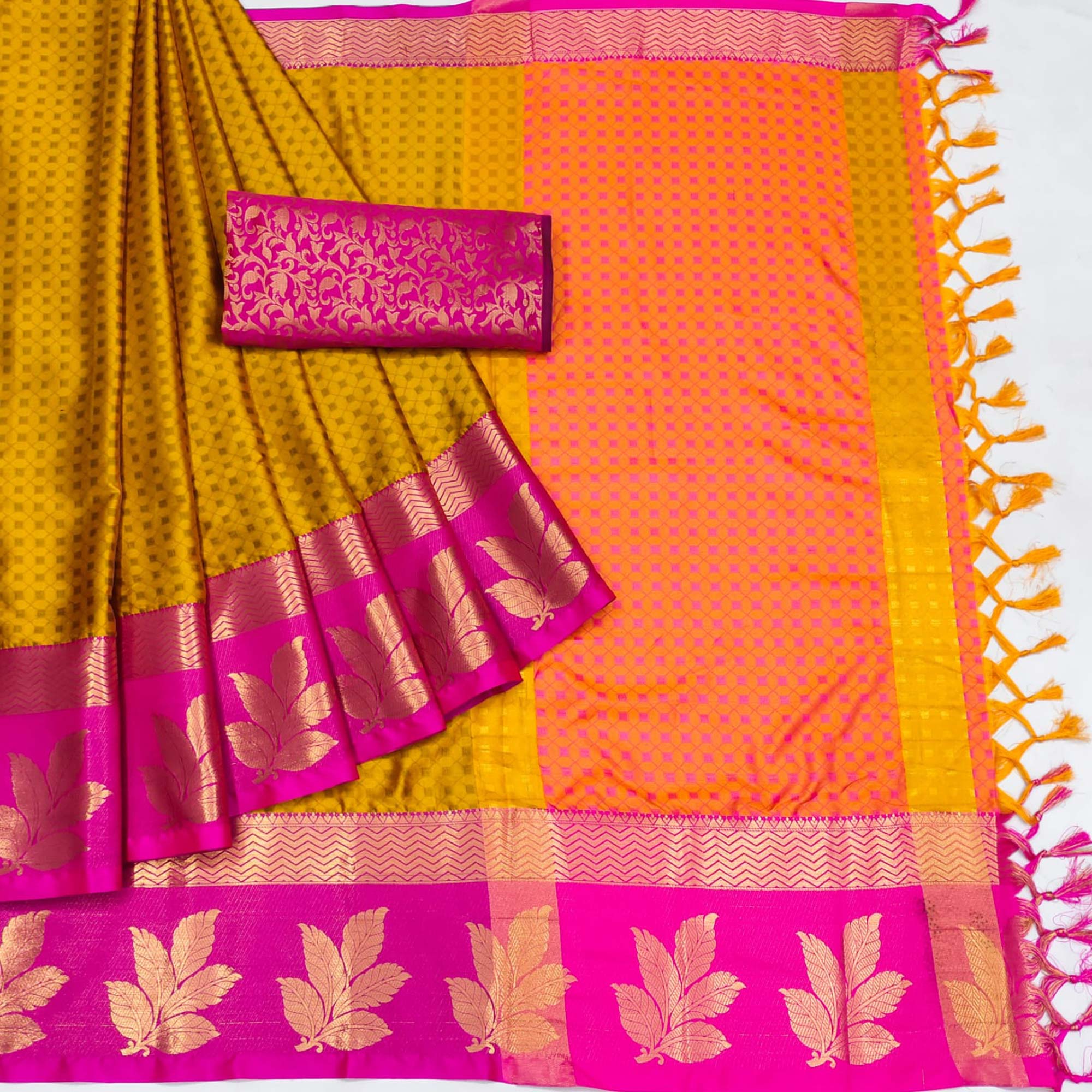 Gold Woven Cotton Silk Saree With Tassels