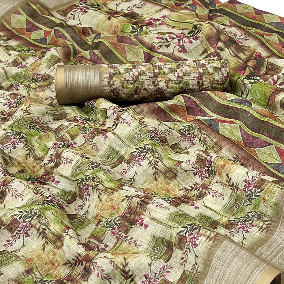 Green Digital Printed Linen Saree