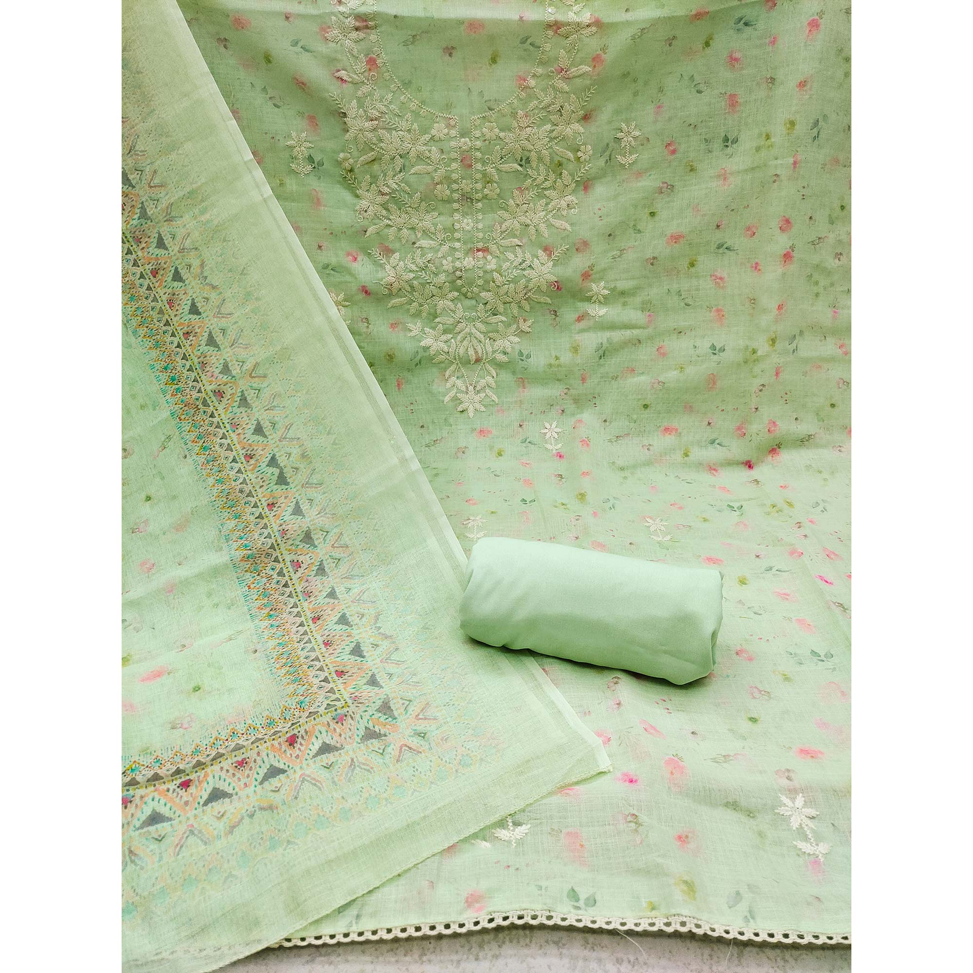 Pista Green Floral Printed Cotton Dress Material