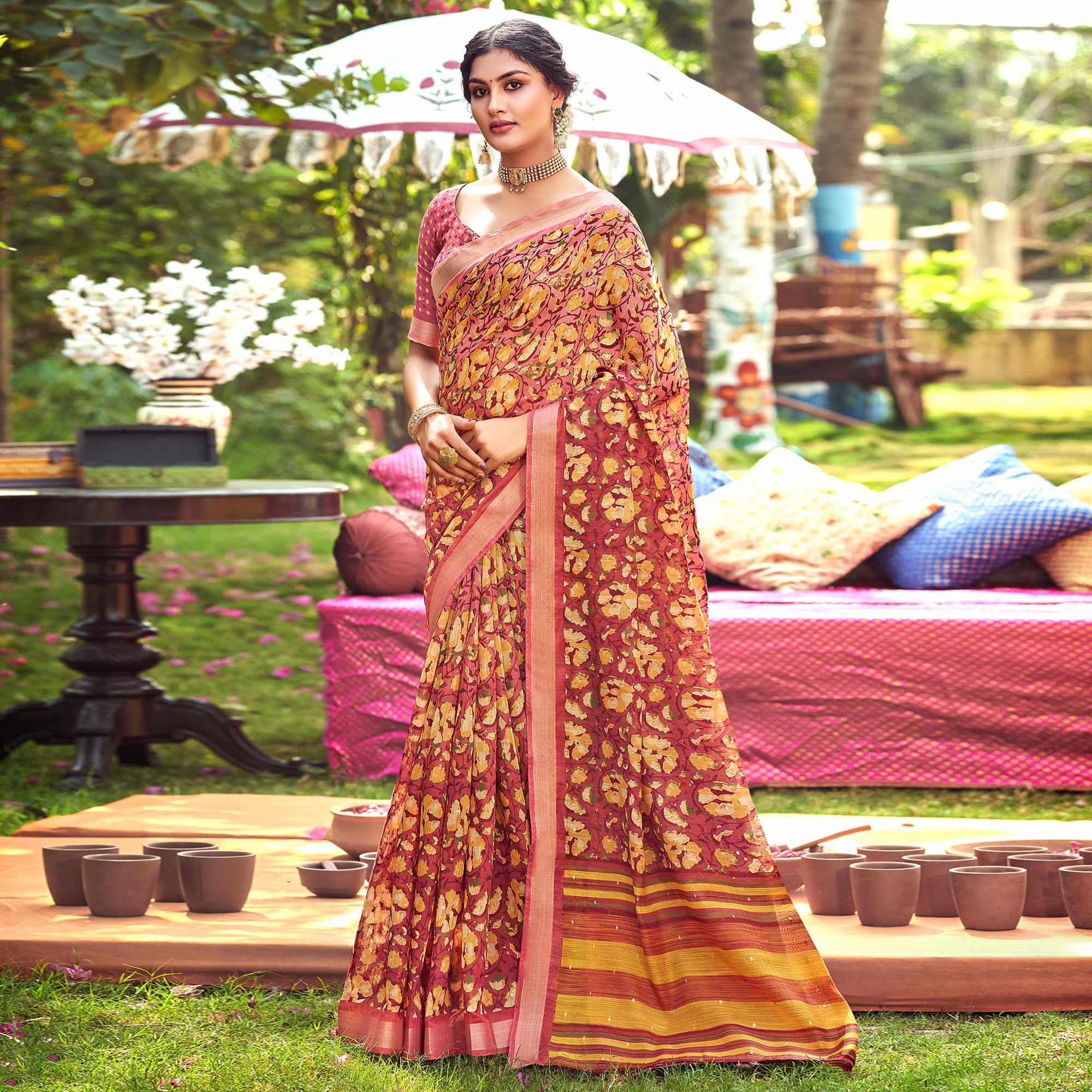 Rust Floral Printed With Woven Border Linen Saree