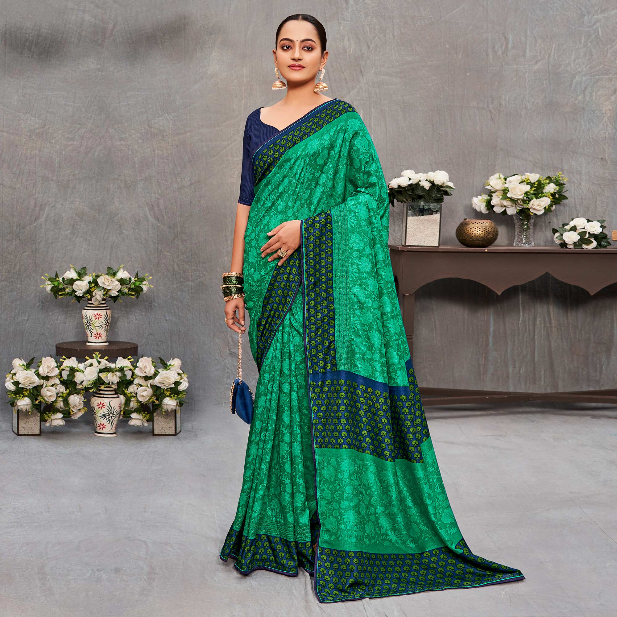 Green Printed With Embroidery Tussar Silk Saree