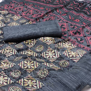 Grey Floral Printed Art Silk Saree