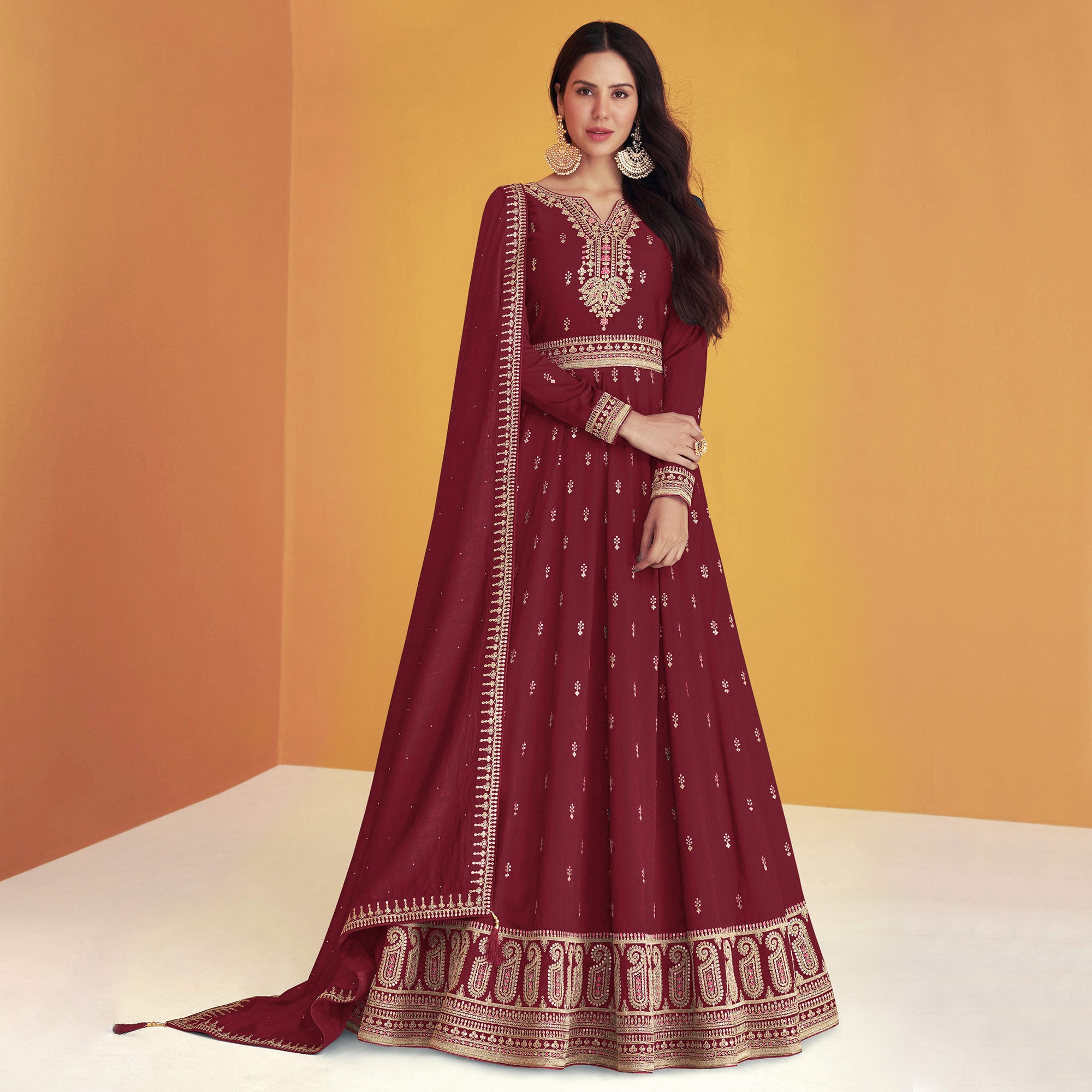 Maroon Sequins Embroidered Georgette Semi Anarkali Suit