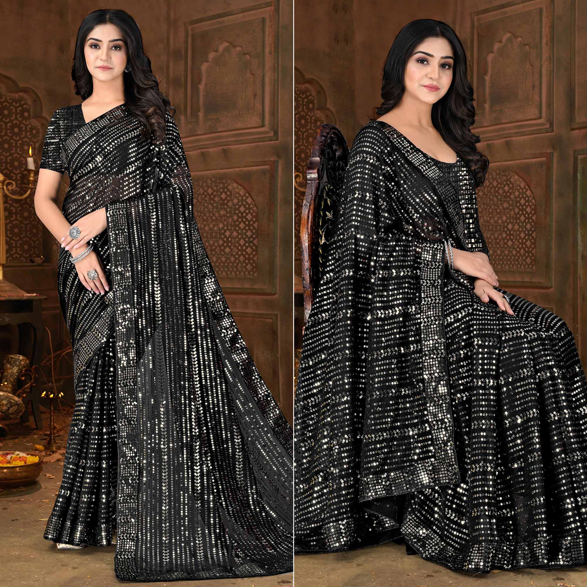 Black Sequins Embroidered Georgette Saree