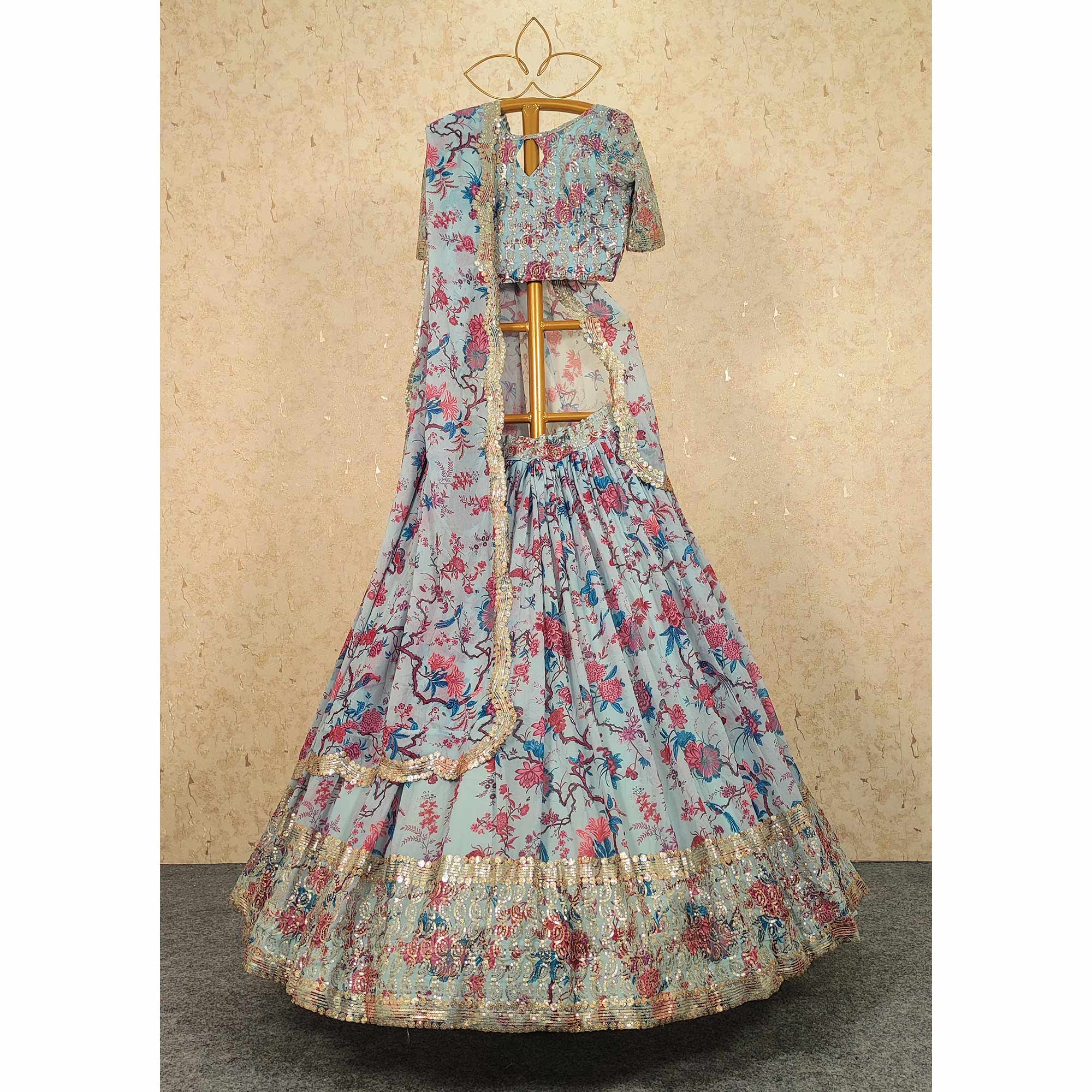 Light Blue Floral Printed And Sequins Work Georgette Lehenga Choli