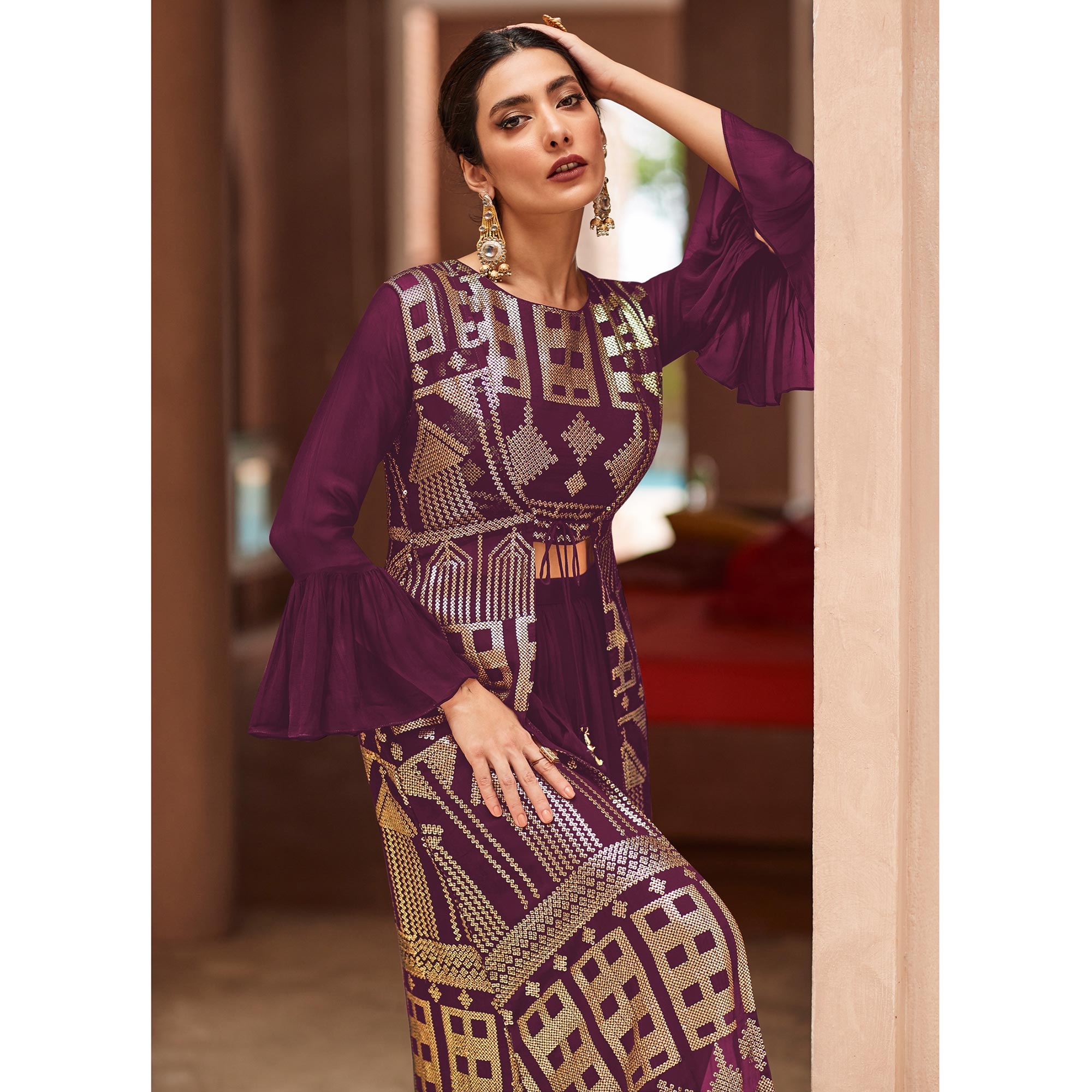 Purple Sequins Embroidered Georgette Sharara Choli With Jacket