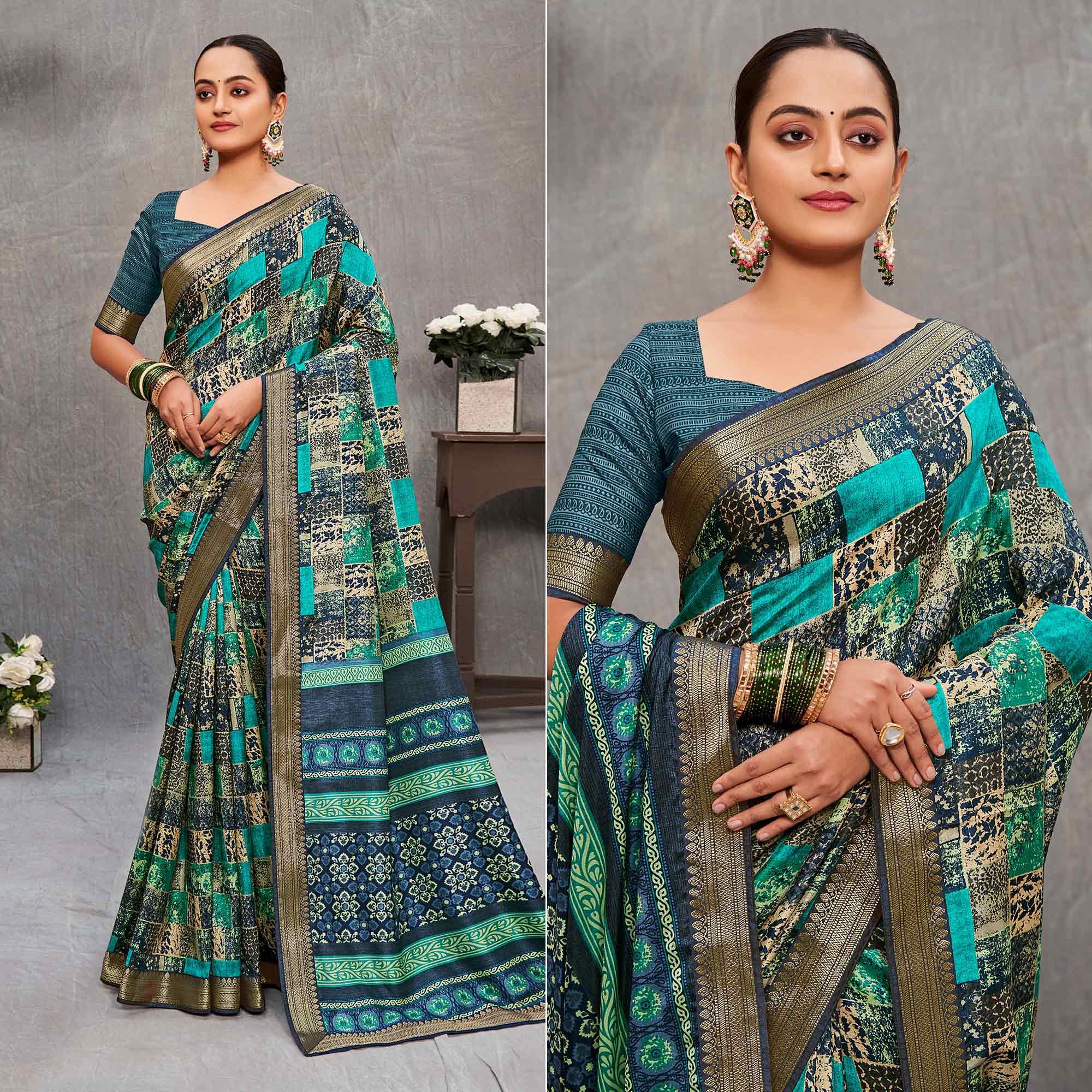 Turquoise Printed Tussar Silk Saree