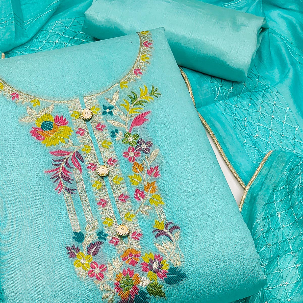 Blue Floral Woven Dola Silk Dress Material