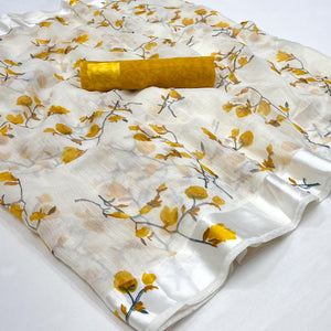 White Mustard Floral Printed Linen Saree