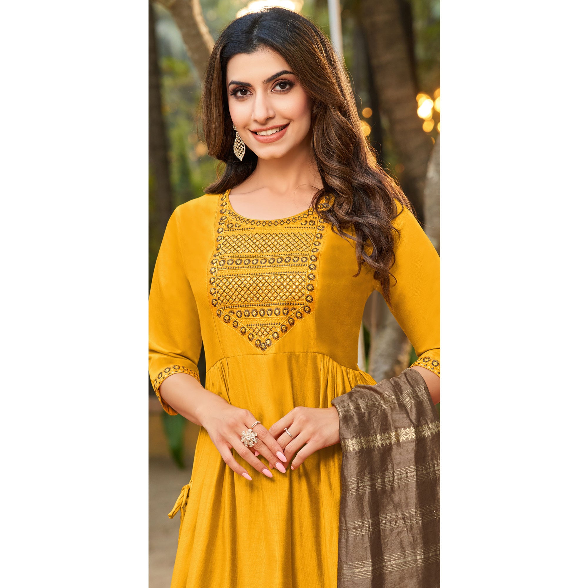 Mustard Floral Embroidered Pure Silk Naira Cut Suit