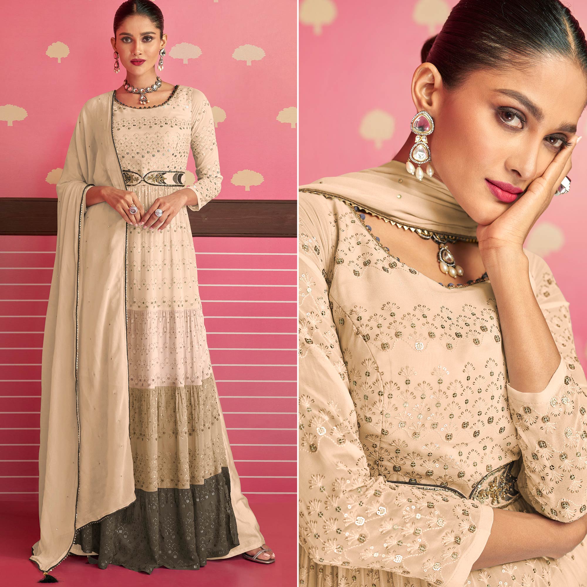 Beige Sequins Embroidered Georgette Naira Cut Suit