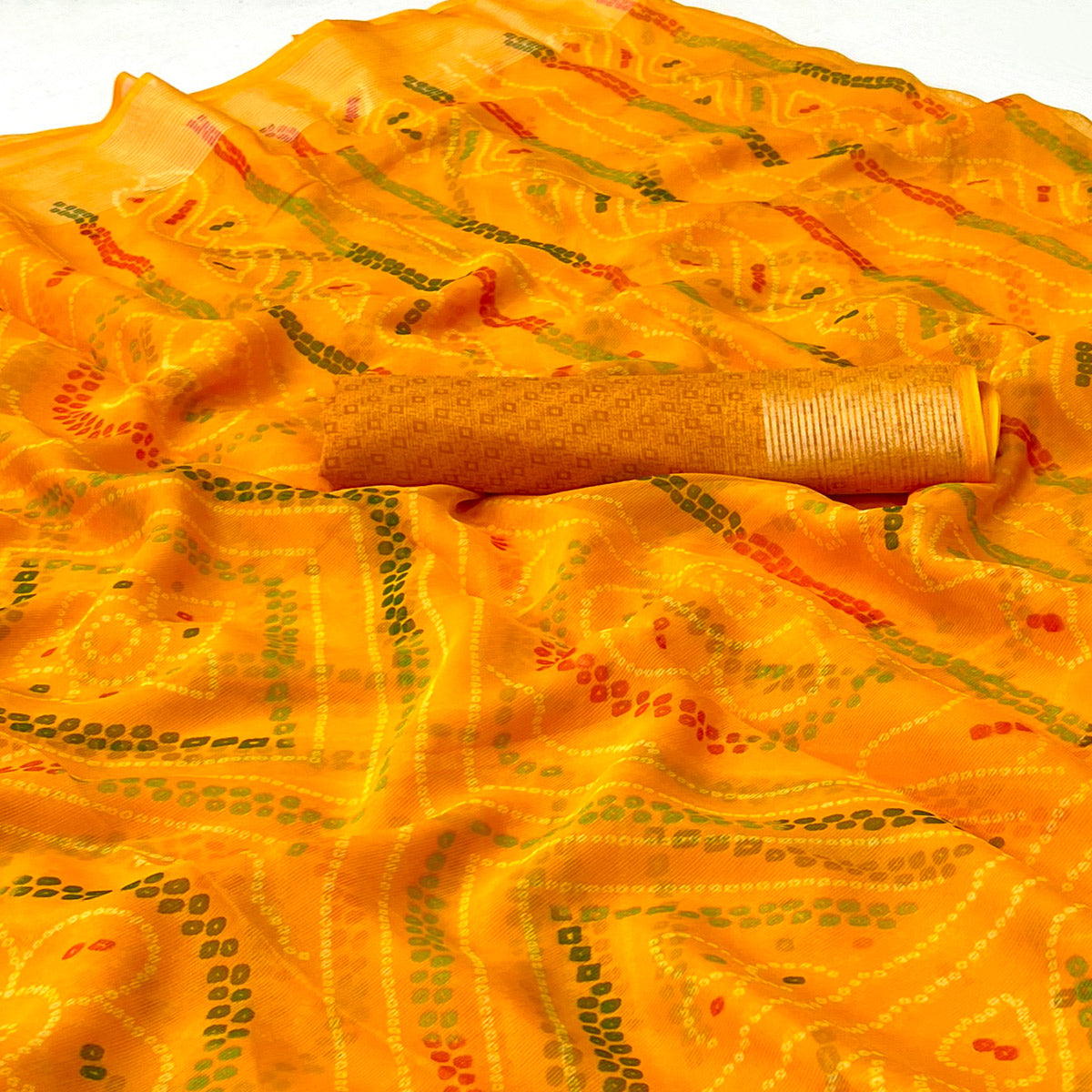 Yellow Bandhani Printed Chiffon Saree