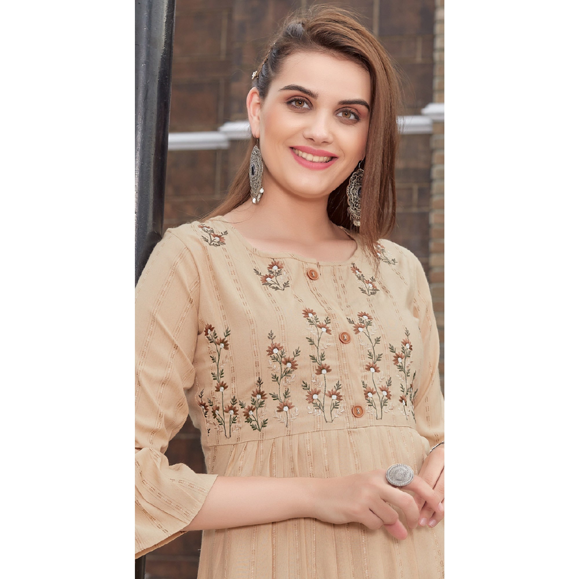 Light Brown Floral Embroidered Rayon Naira Cut Kurti