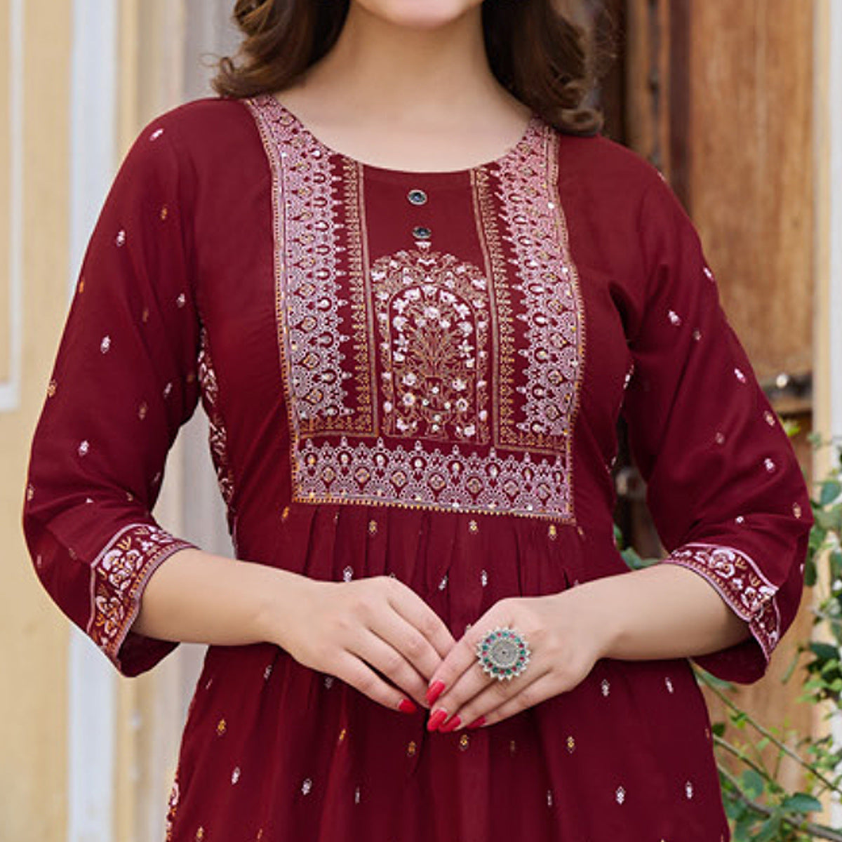 Maroon Printed Rayon Naira Cut Kurti