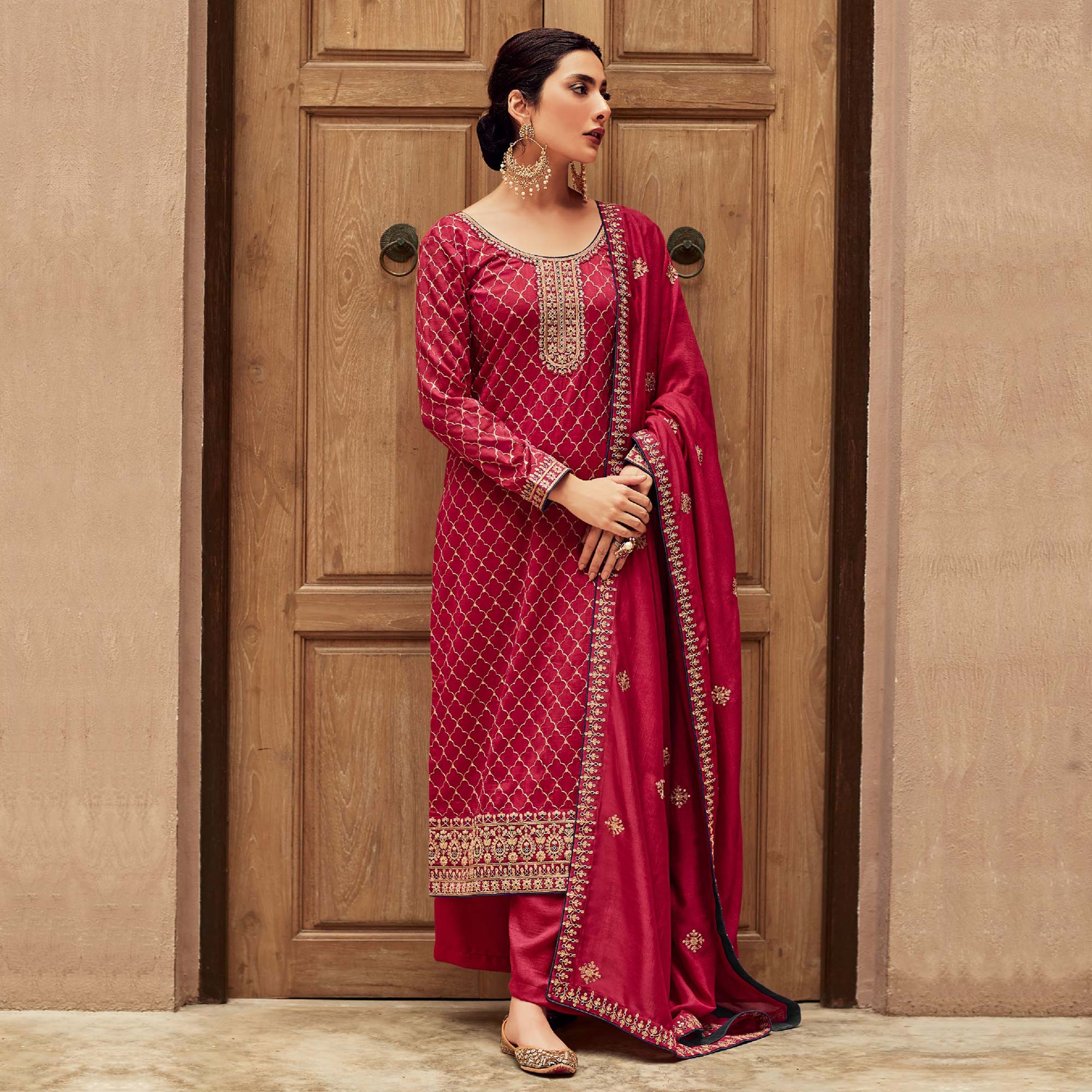 Pink Floral Embroidered Art Silk Palazzo Suit