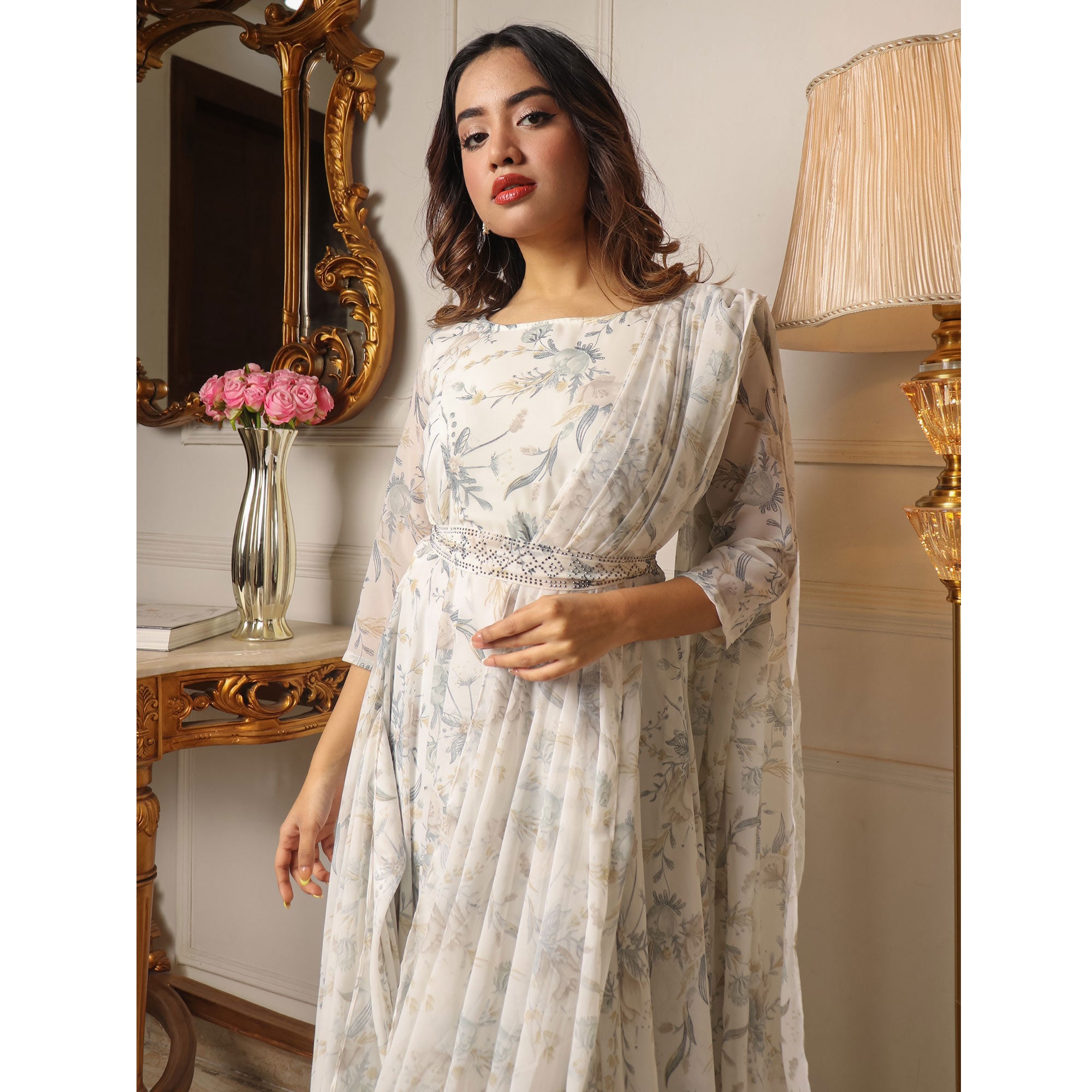 Off White Floral Printed With Stone Work Georgette Gown