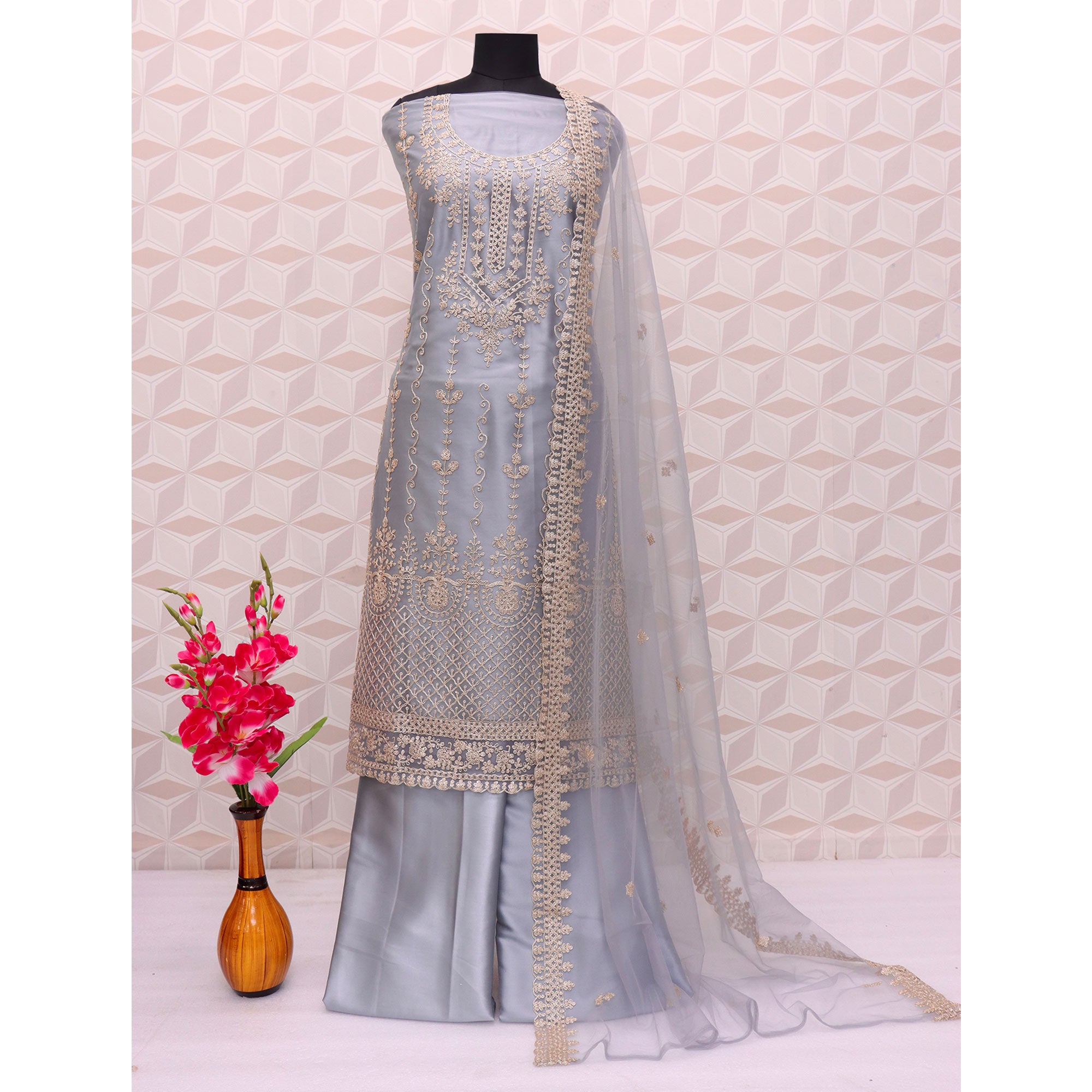 Grey Floral Embroidered Netted Pakistani Suit