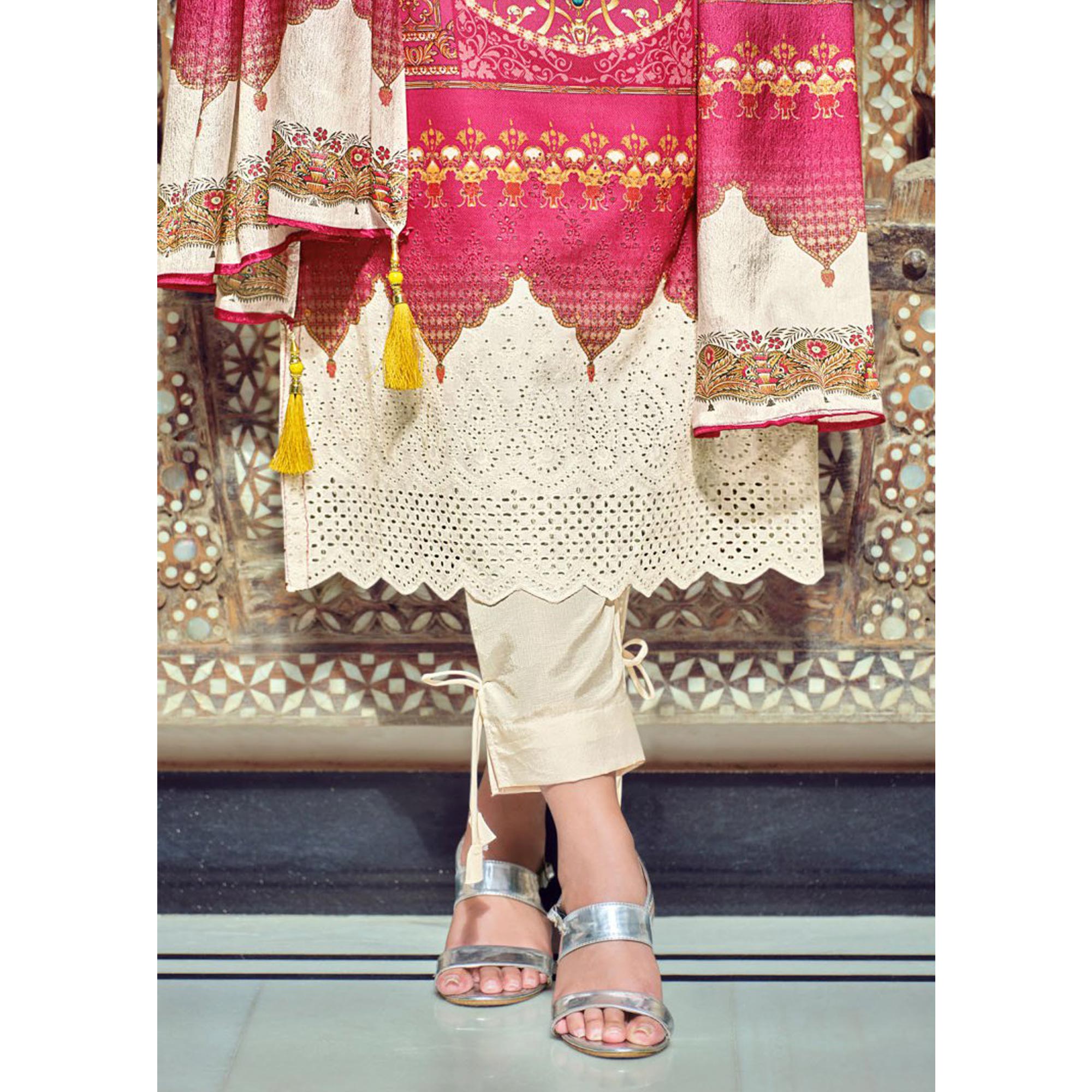 Pink And Cream Digital Printed With Daman Embroidered Pure Cotton Pakistani Suit