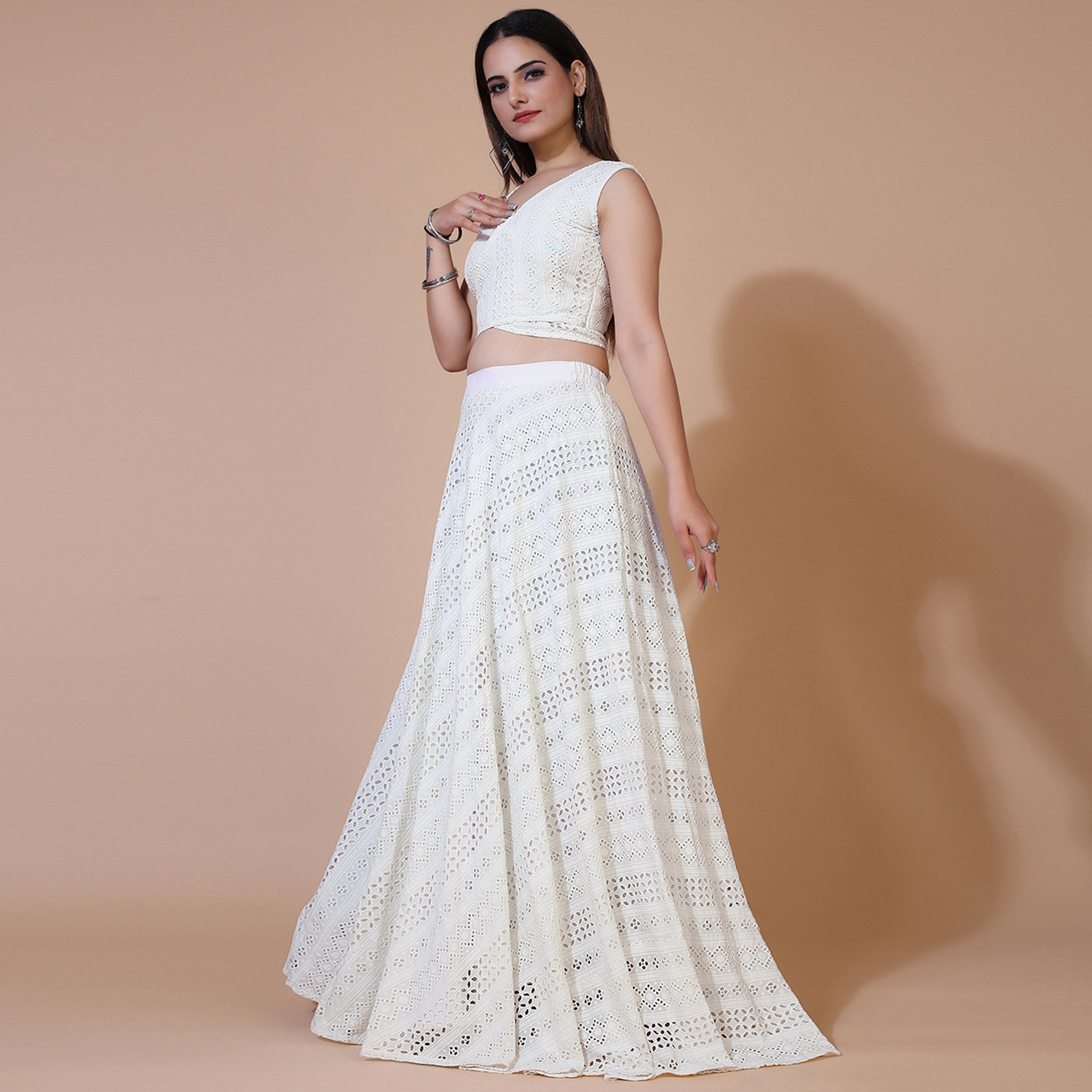 White Lucknowi Chikankari Work Rayon Lehenga Choli