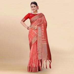 Pink Woven Organza Saree With Tassels