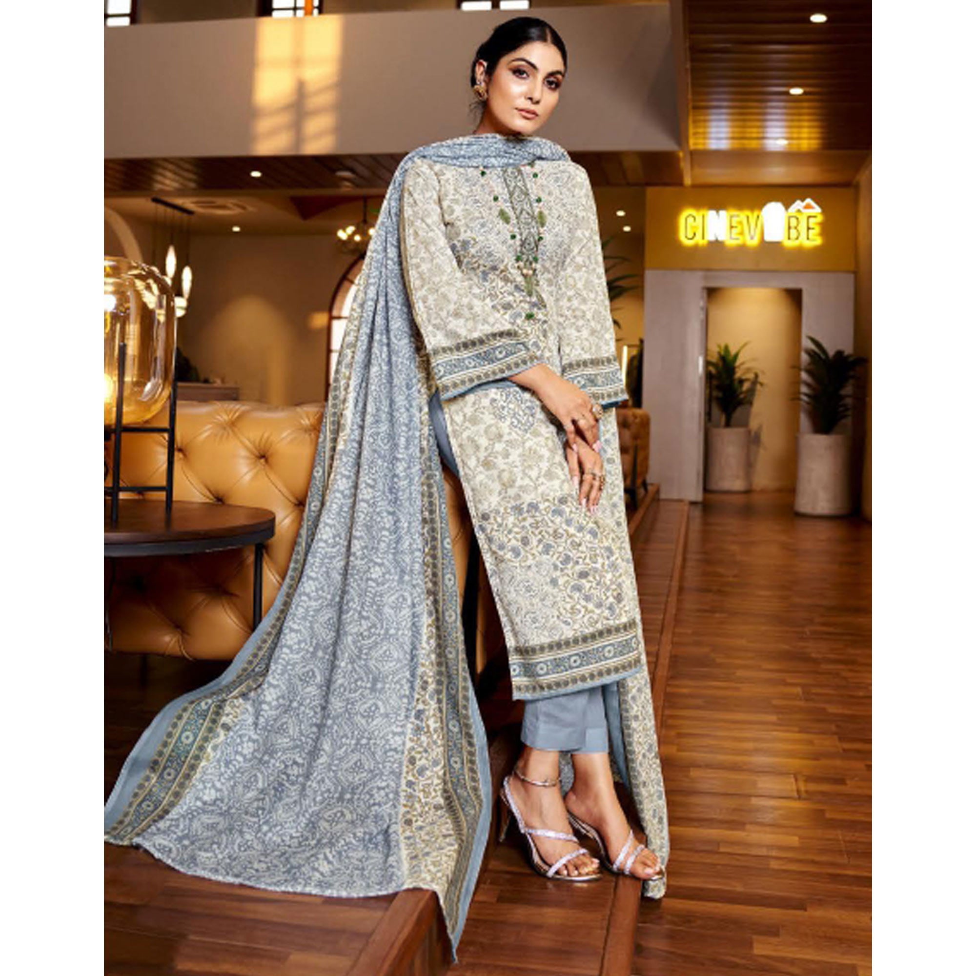 White & Grey Floral Print With Embroidered Pure Cotton Salwar Suit