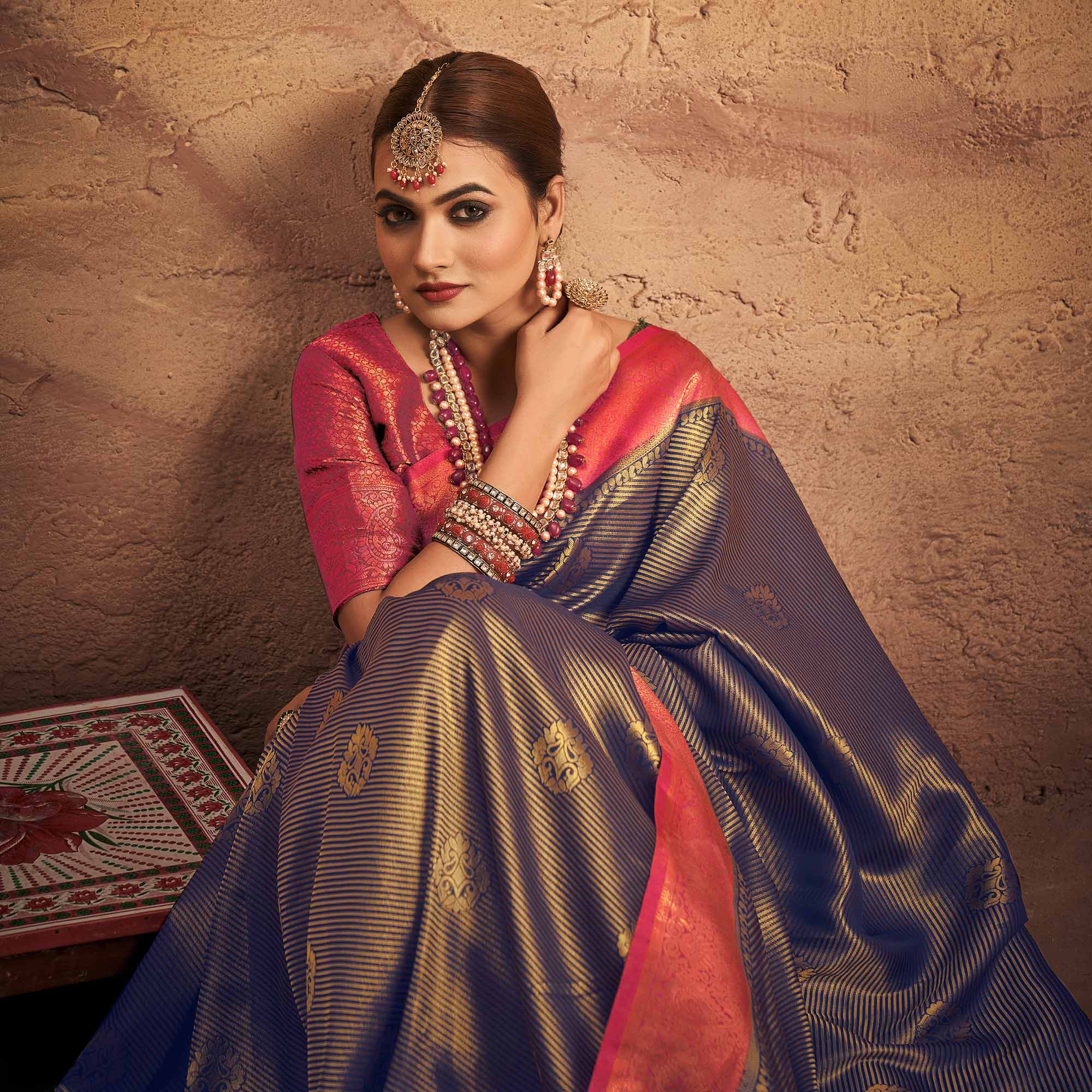 Navy Blue Woven Art Silk Saree With Tassels