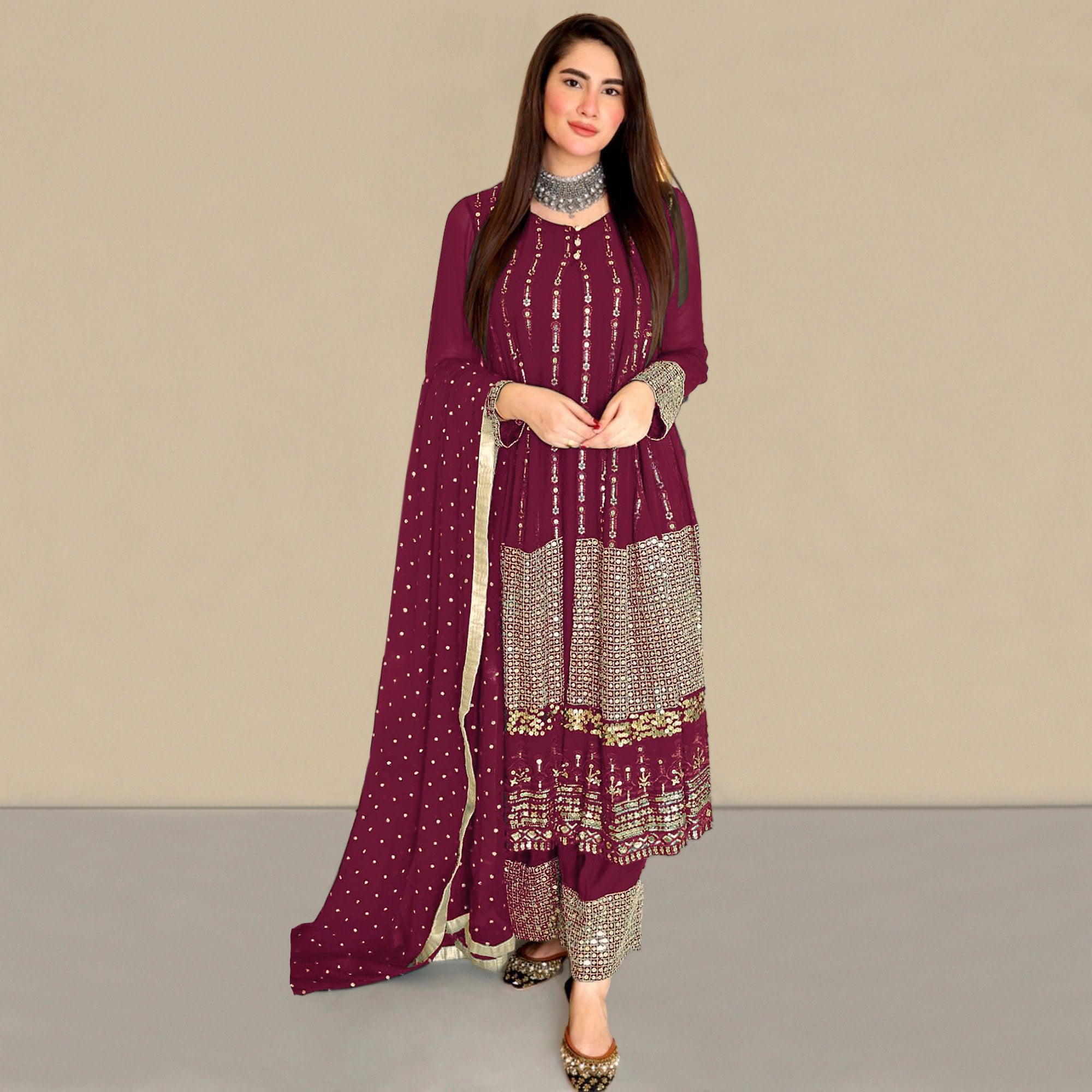 Maroon Sequins Embroidered Georgette Pakistani Suit