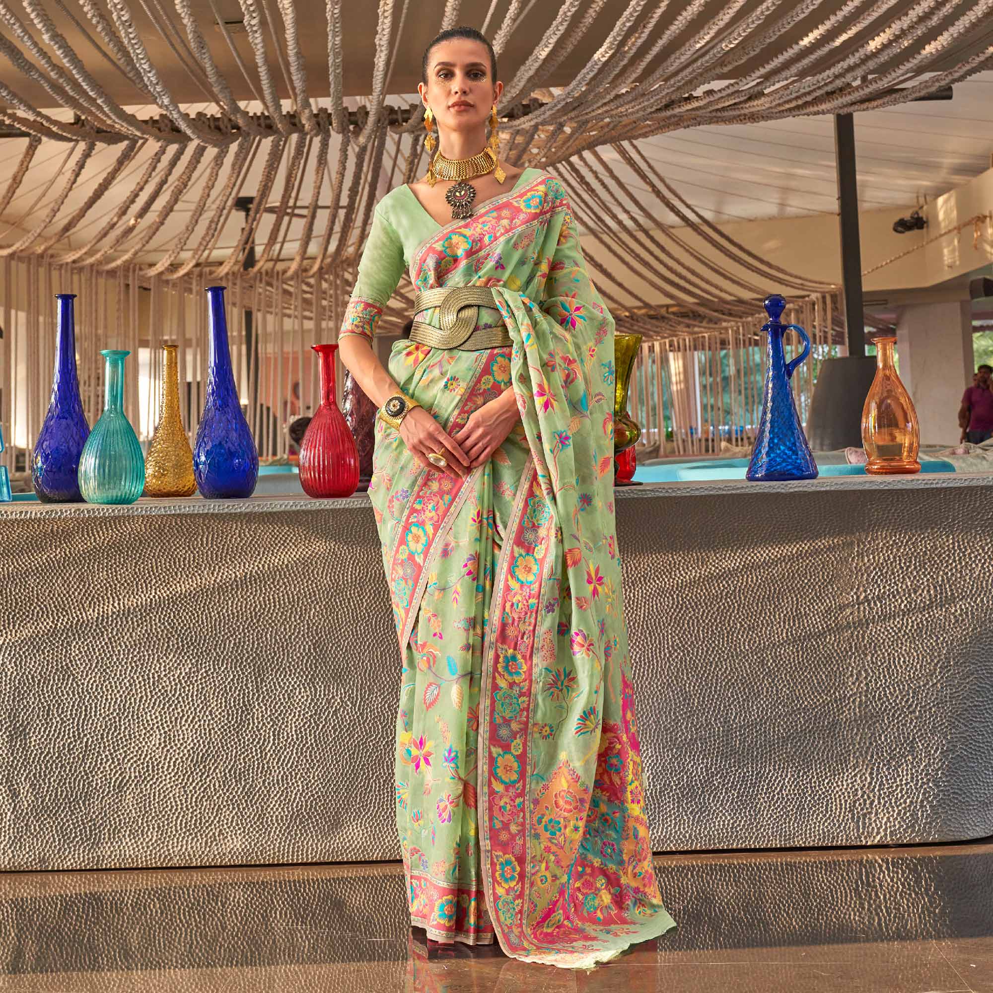 Green Floral Woven Modal Saree