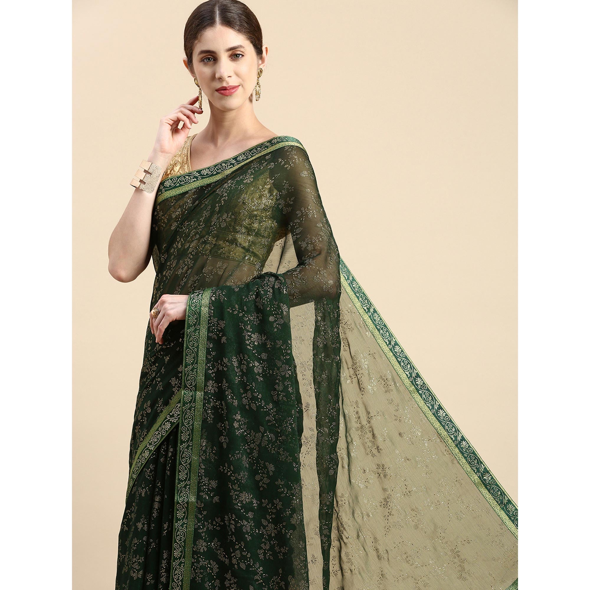 Green Floral Foil Printed Shimmer Saree
