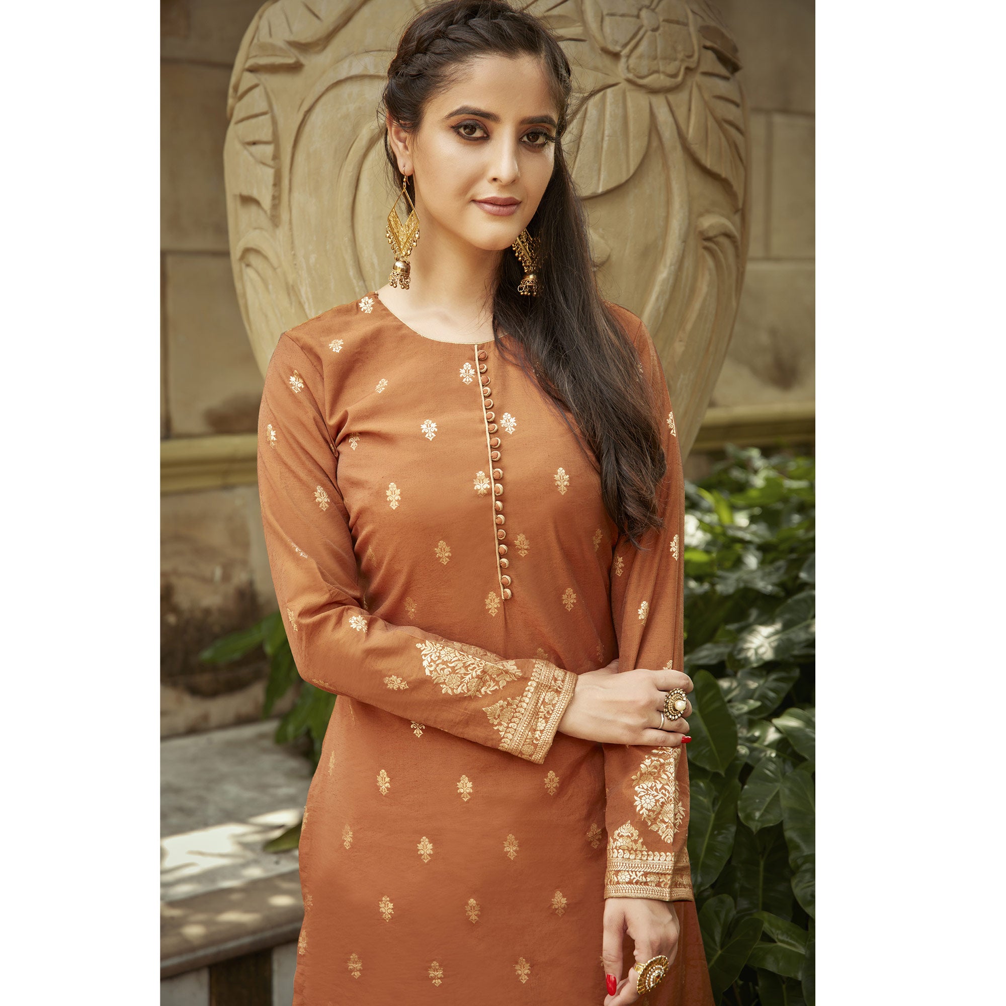 Brown Woven Viscose Kurti With Dupatta