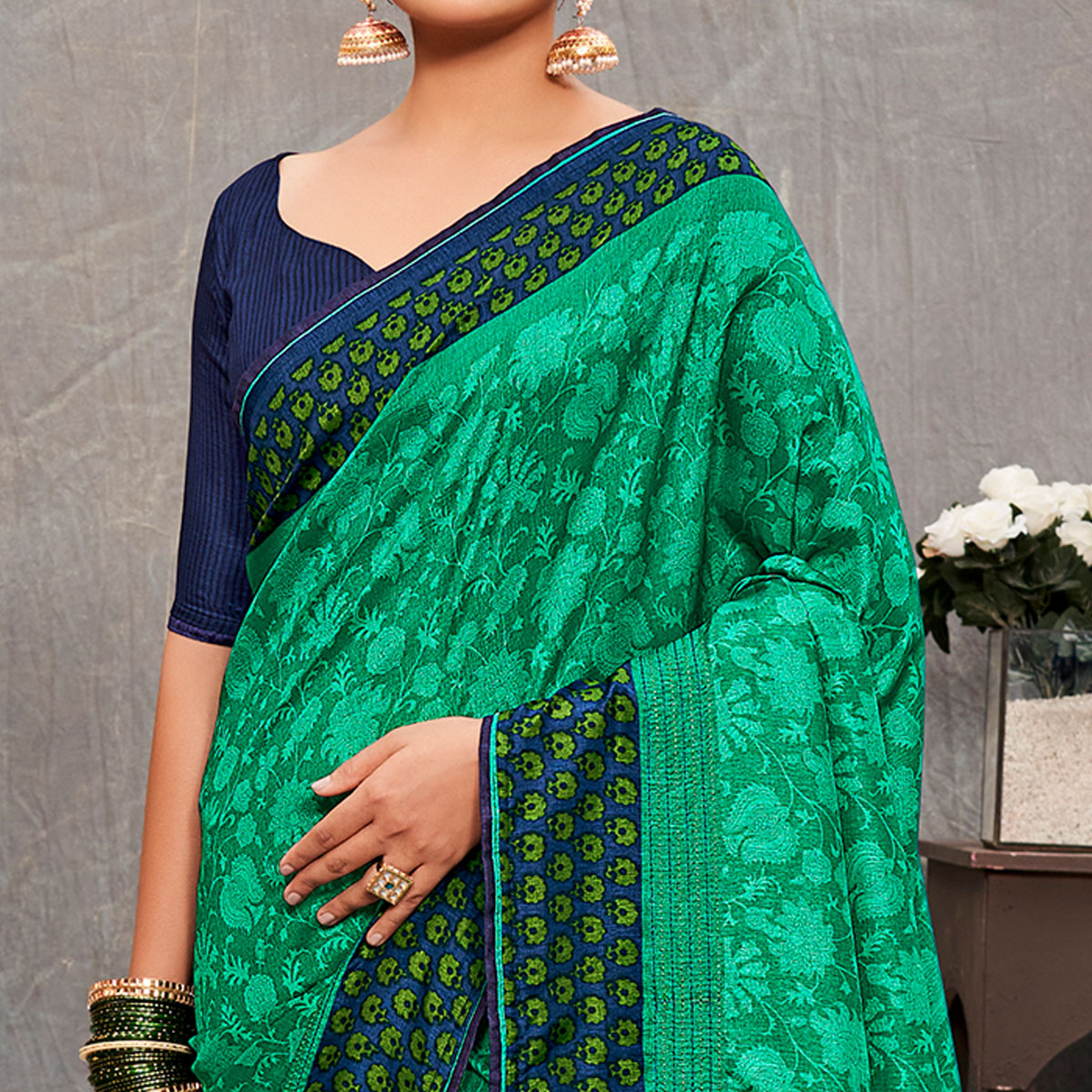 Green Printed With Embroidery Tussar Silk Saree
