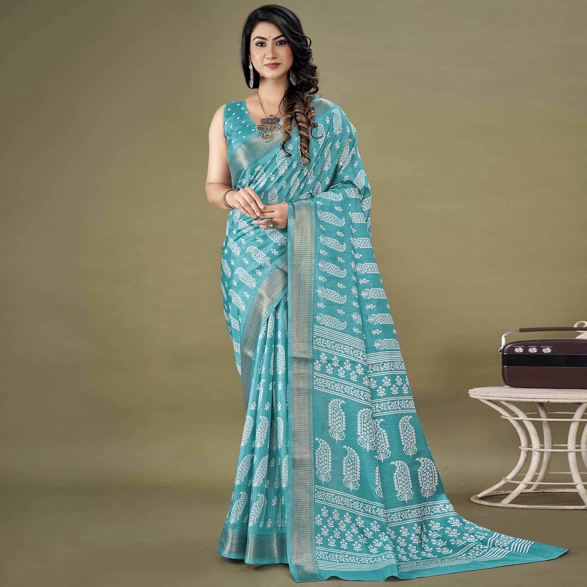 Blue Floral Printed Dola Silk Saree
