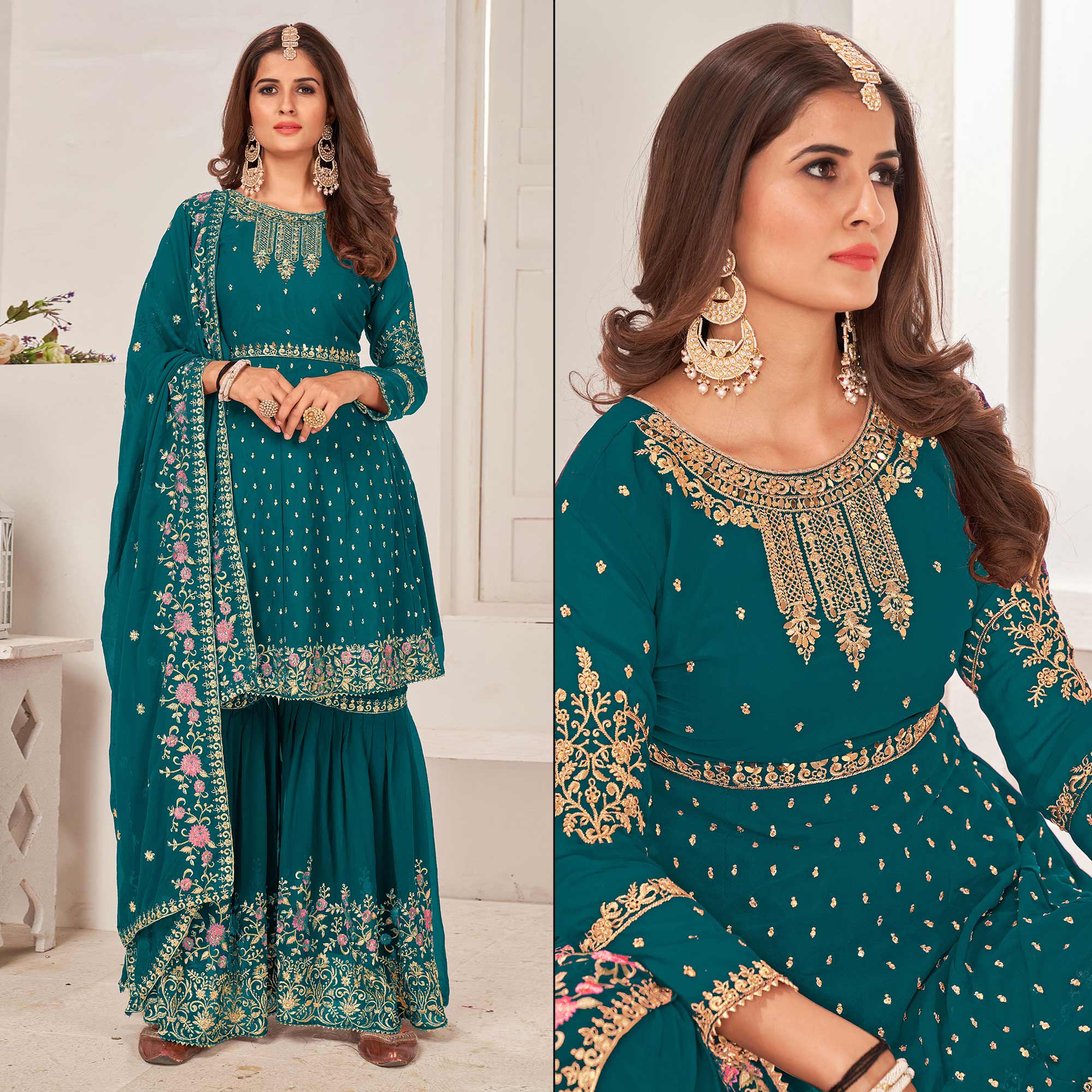 Teal Blue Sequins Embroidered Georgette Sharara Suit