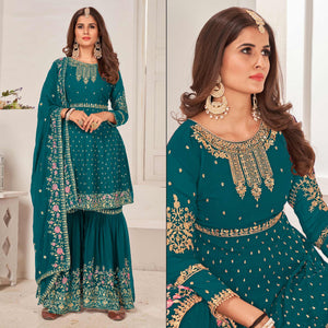 Teal Blue Sequins Embroidered Georgette Sharara Suit