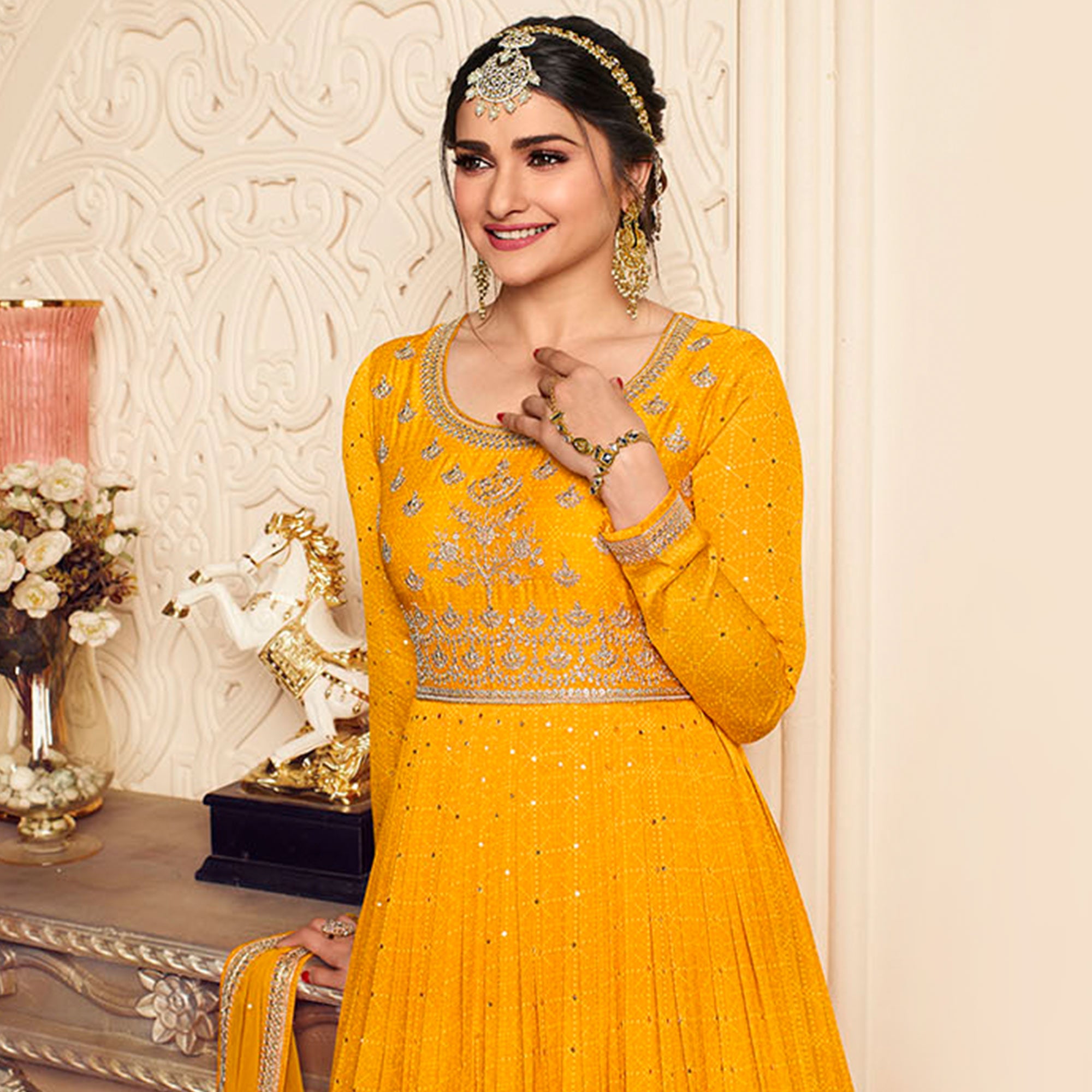 Mustard Printed With Embroidered Chiffon Gown