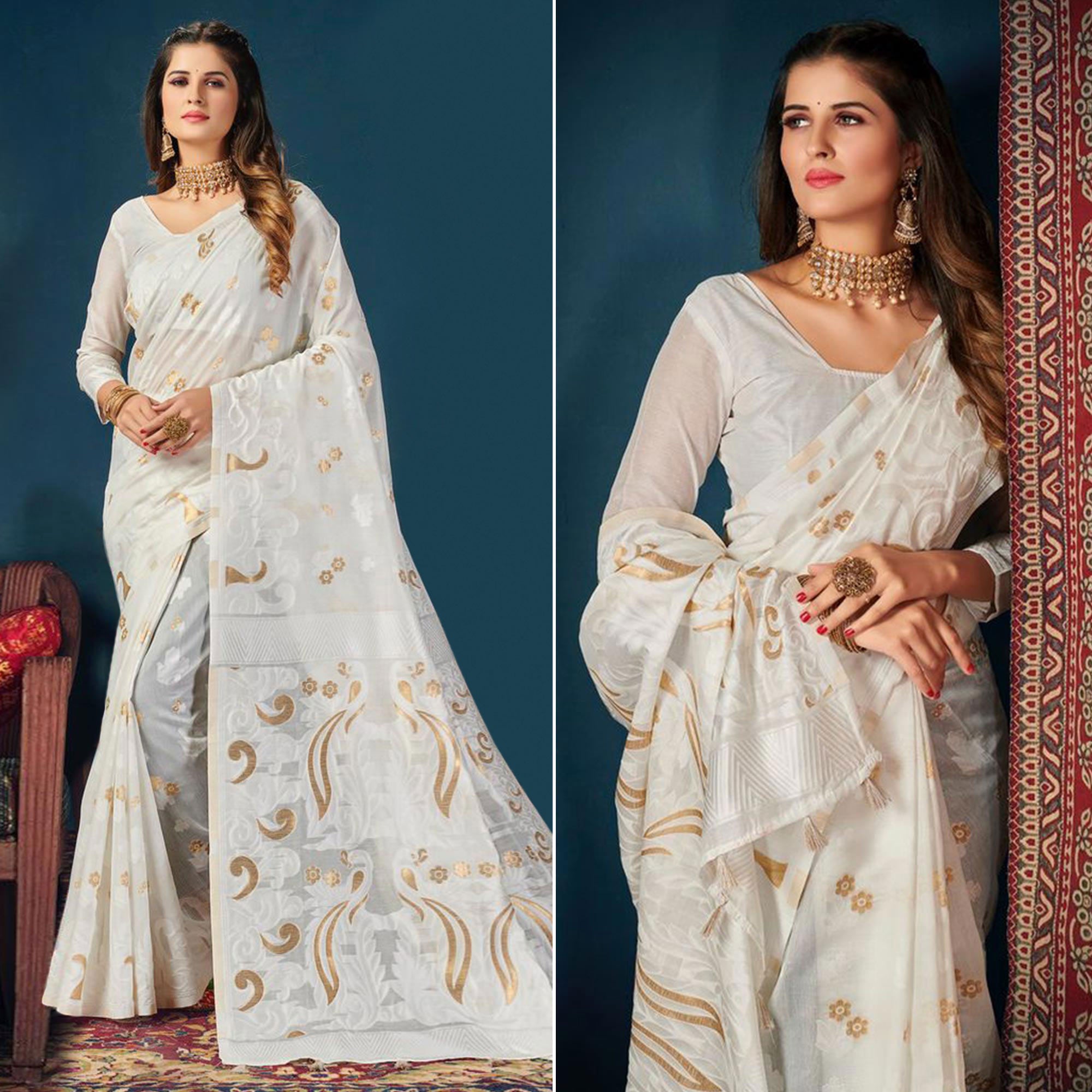 White Woven Cotton Blend Saree With Tassels