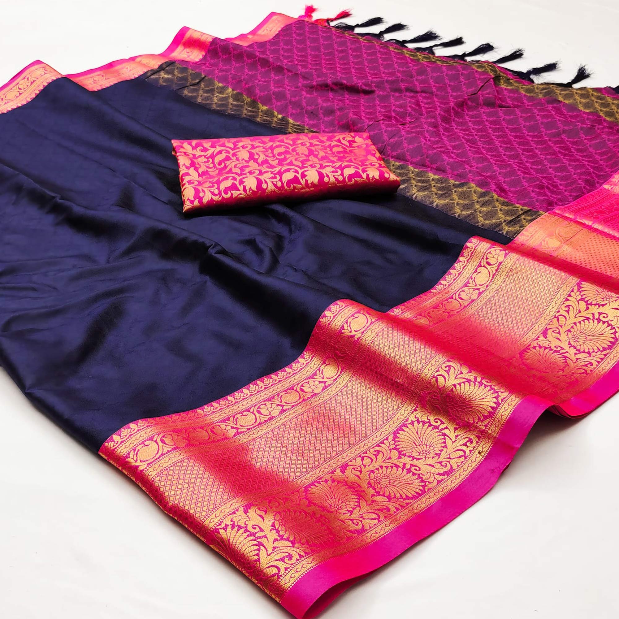 Navy Blue Printed And Woven Cotton Silk Saree With Tassels