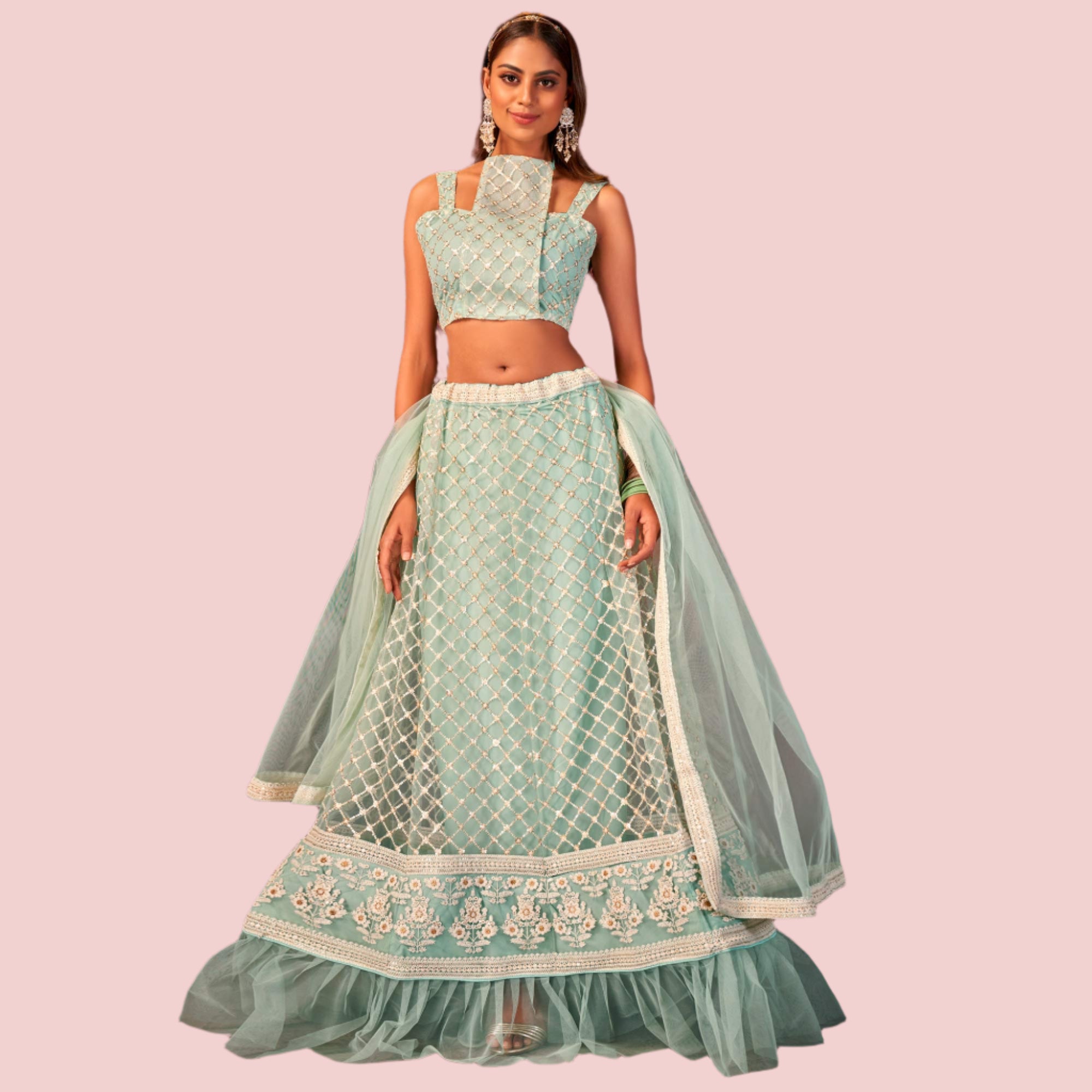 Blue Floral Sequins Embroidered Net Lehenga Choli