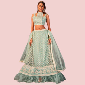 Blue Floral Sequins Embroidered Net Lehenga Choli
