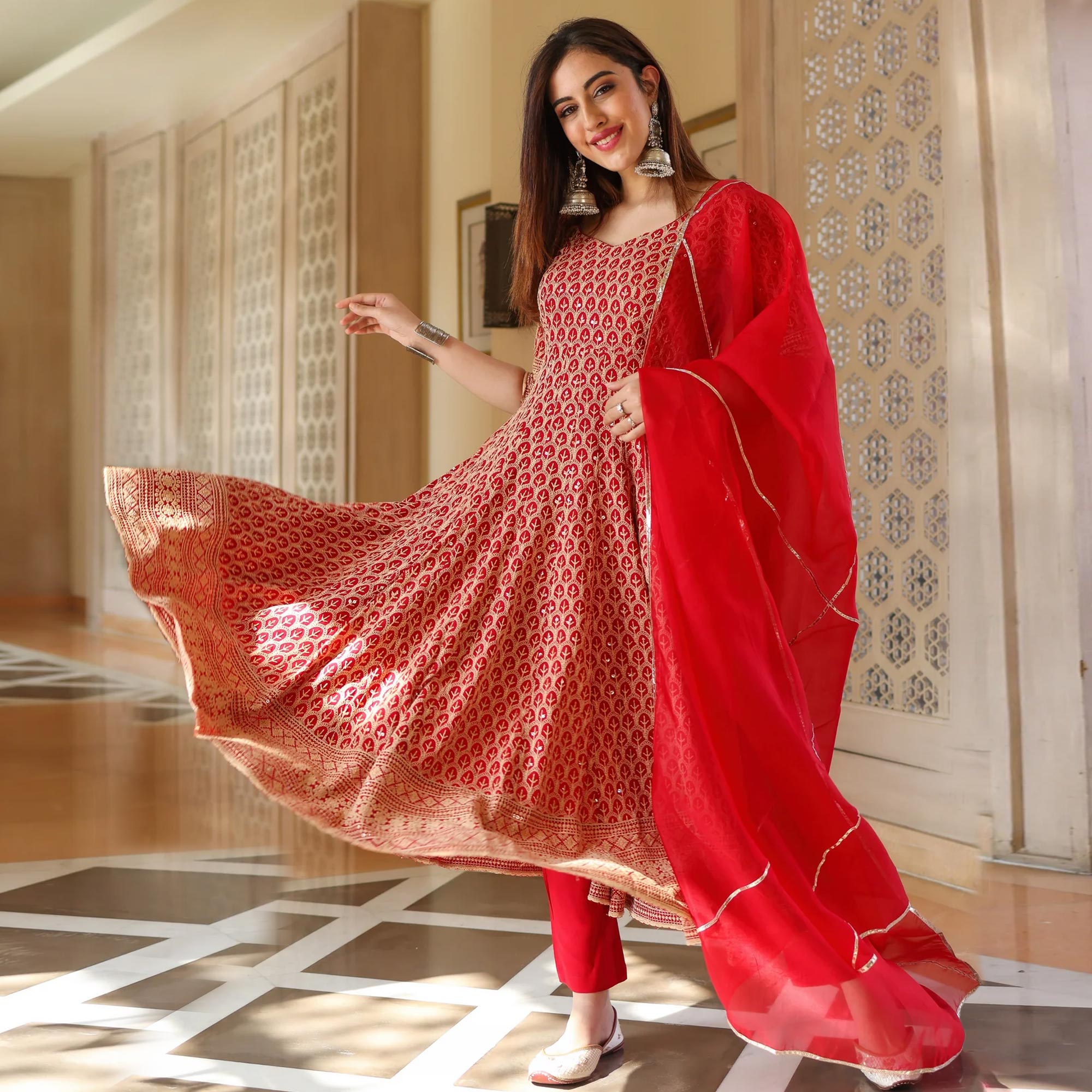 Red Embroidered Rayon Gown