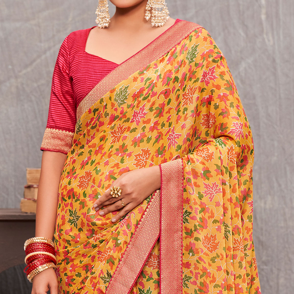 Yellow Floral Printed Tussar Silk Saree