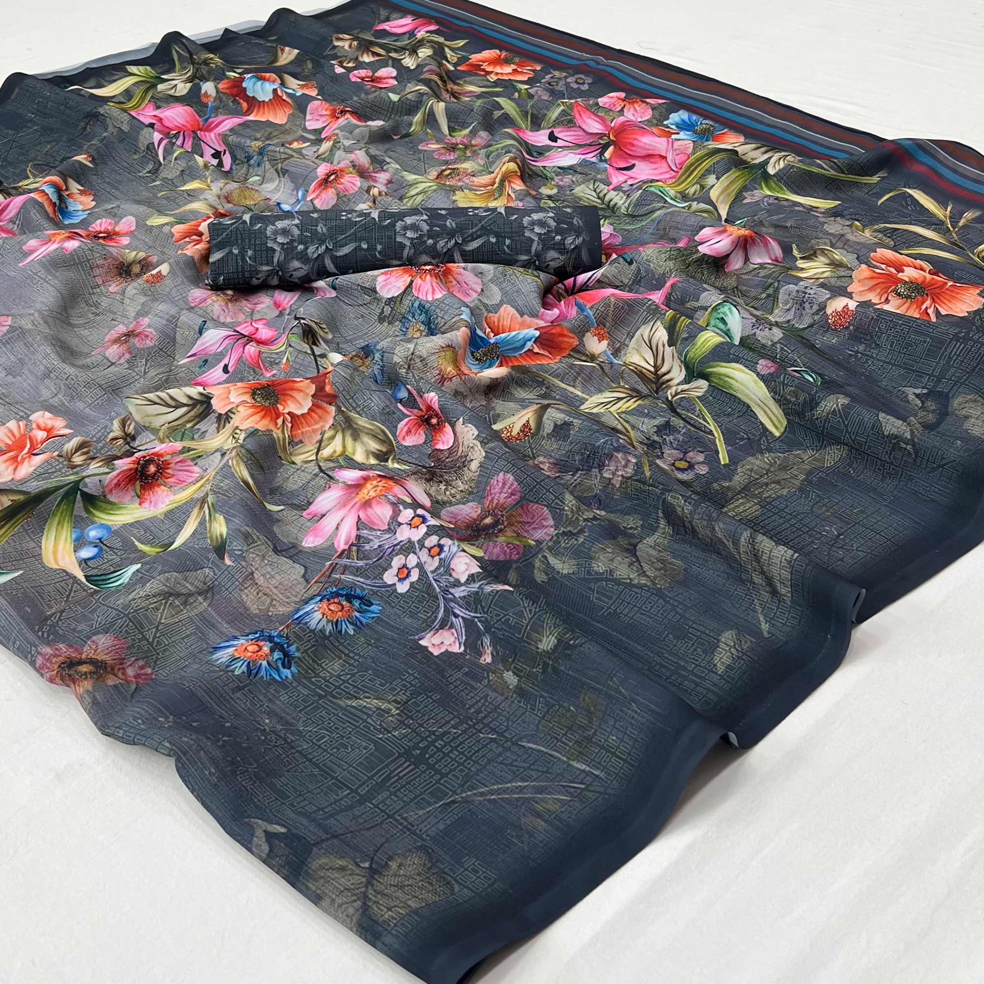 Grey Floral Digital Printed Georgette Saree