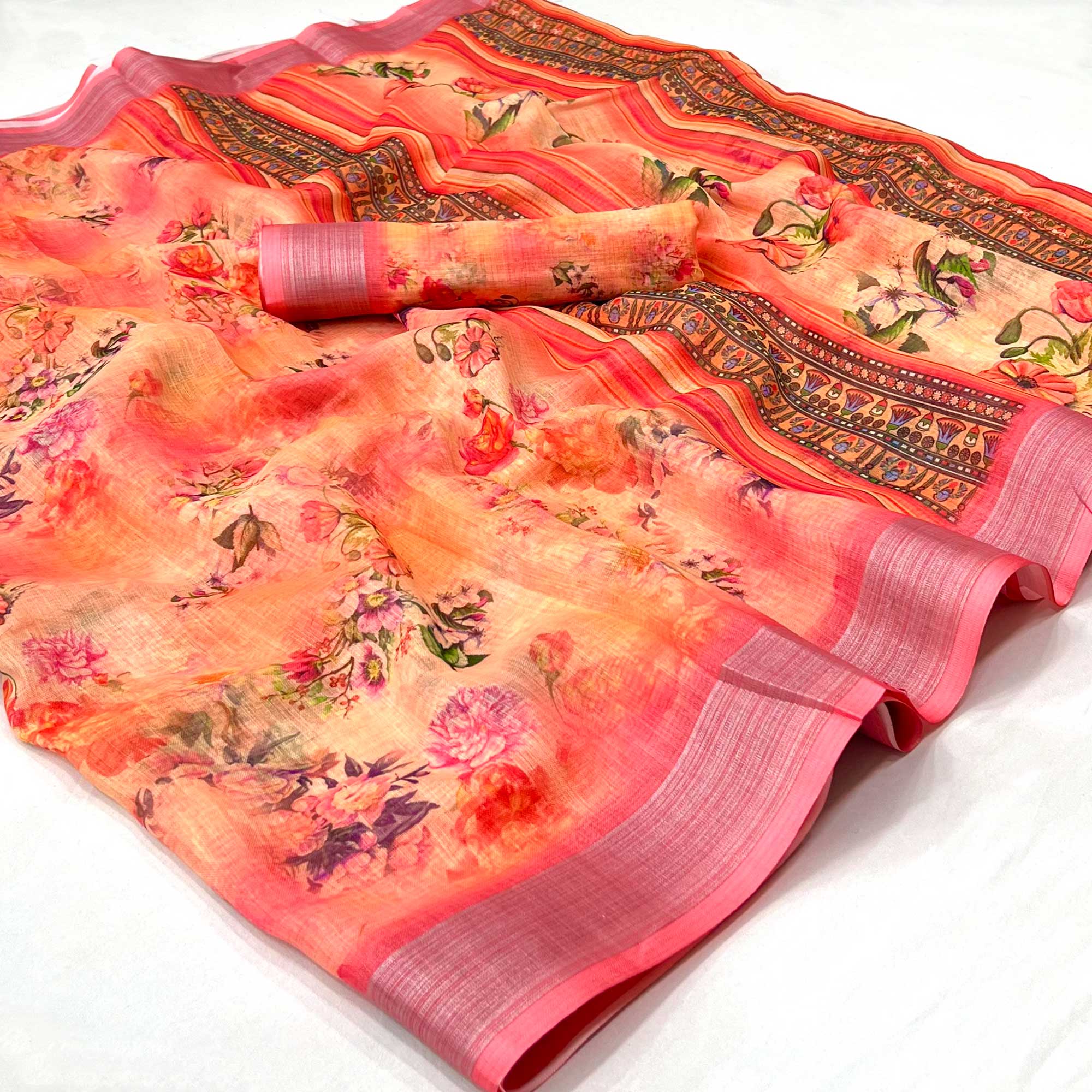 Multicolored Digital Printed Linen Saree