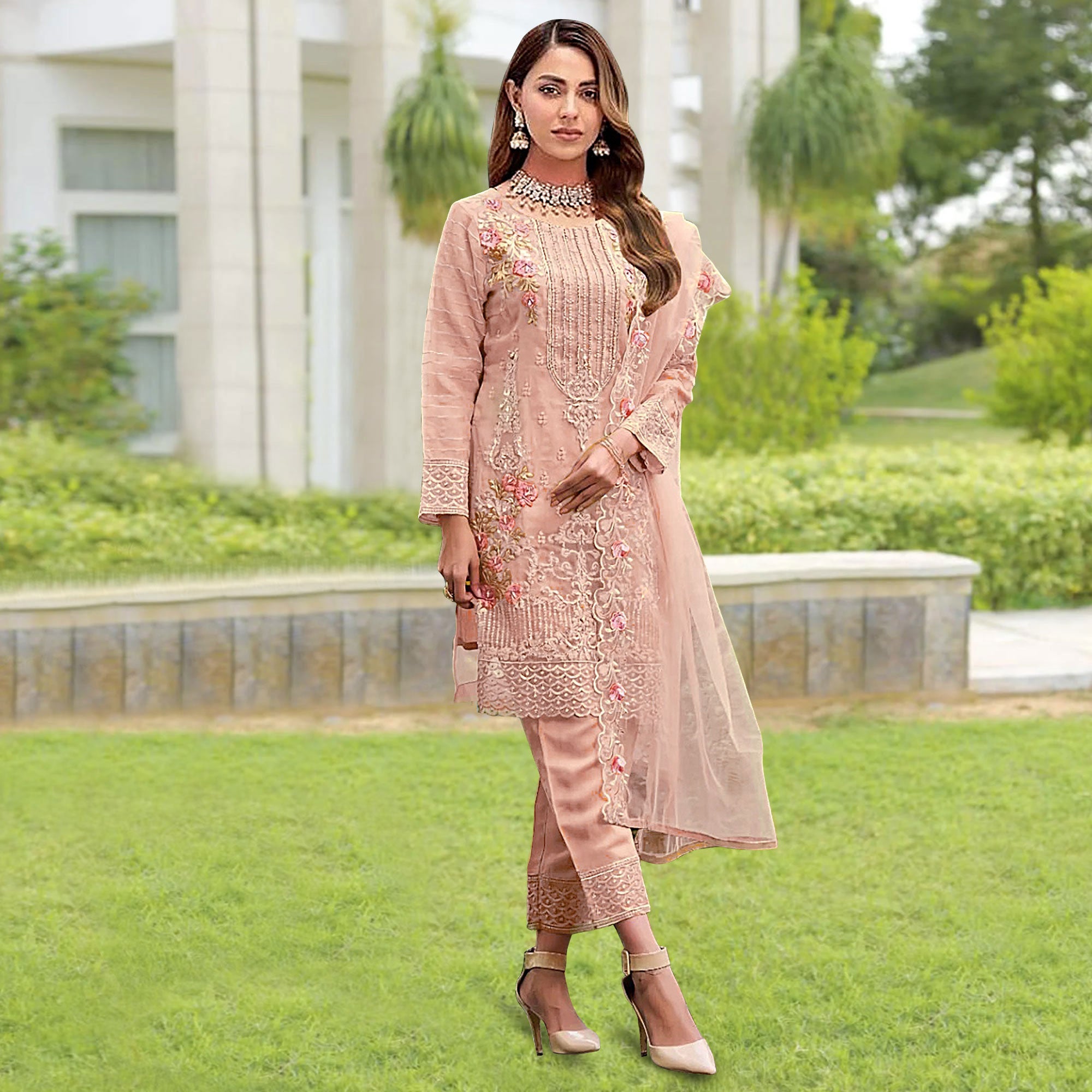 Peach Floral Embroidered Organza Pakistani Suit