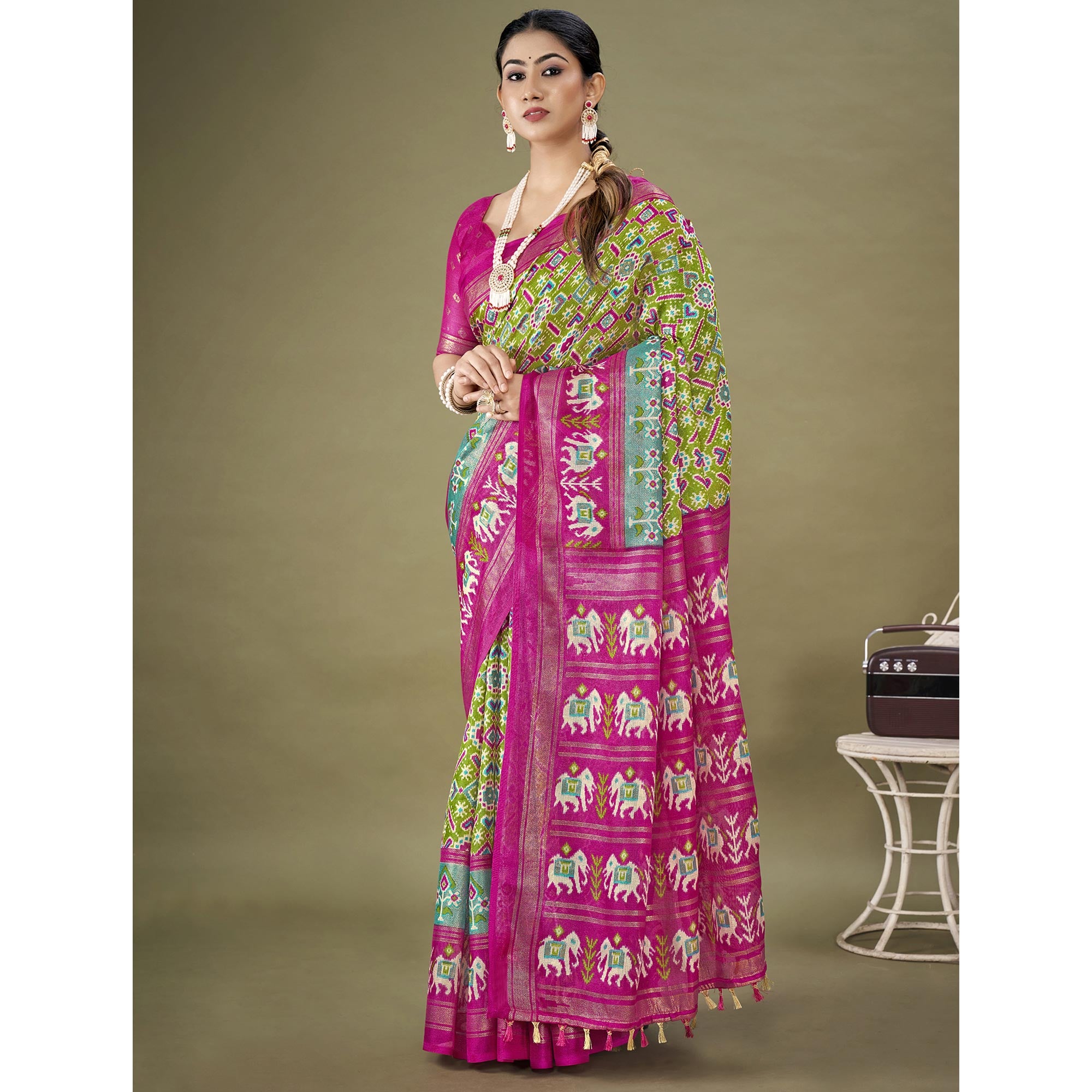 Green Printed Jute Patola Saree