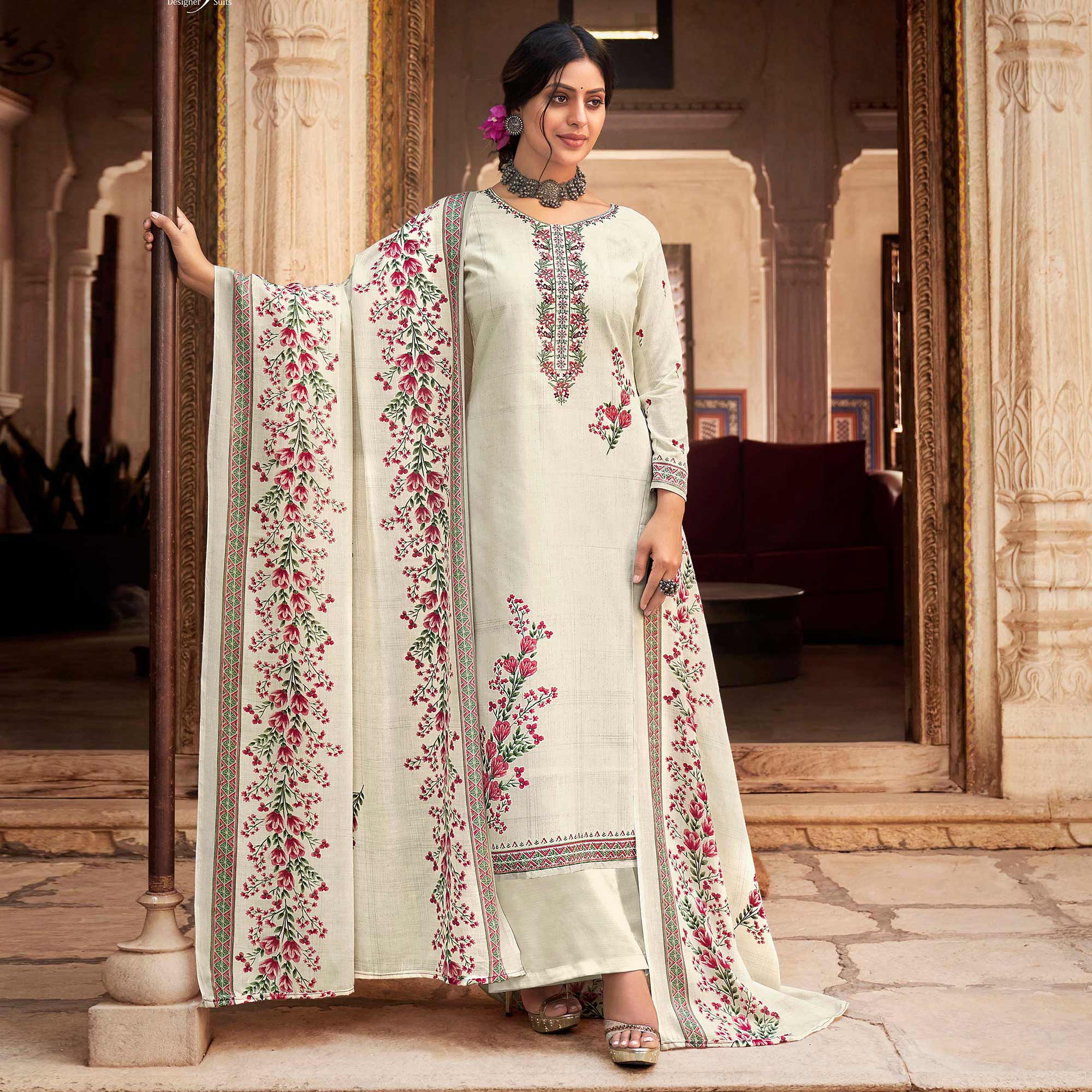 Offwhite Floral Printed With Embroidered Pure Cotton Palazzo Suit